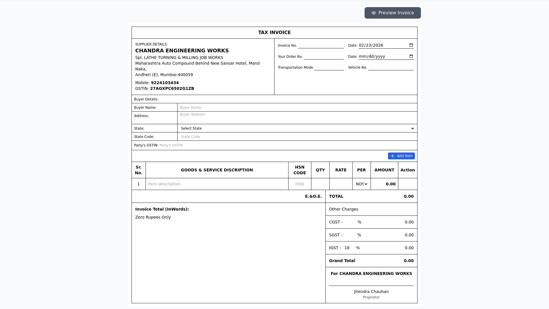 website screenshot of https://chandra-engineering-invoice-generator.pages.dev/