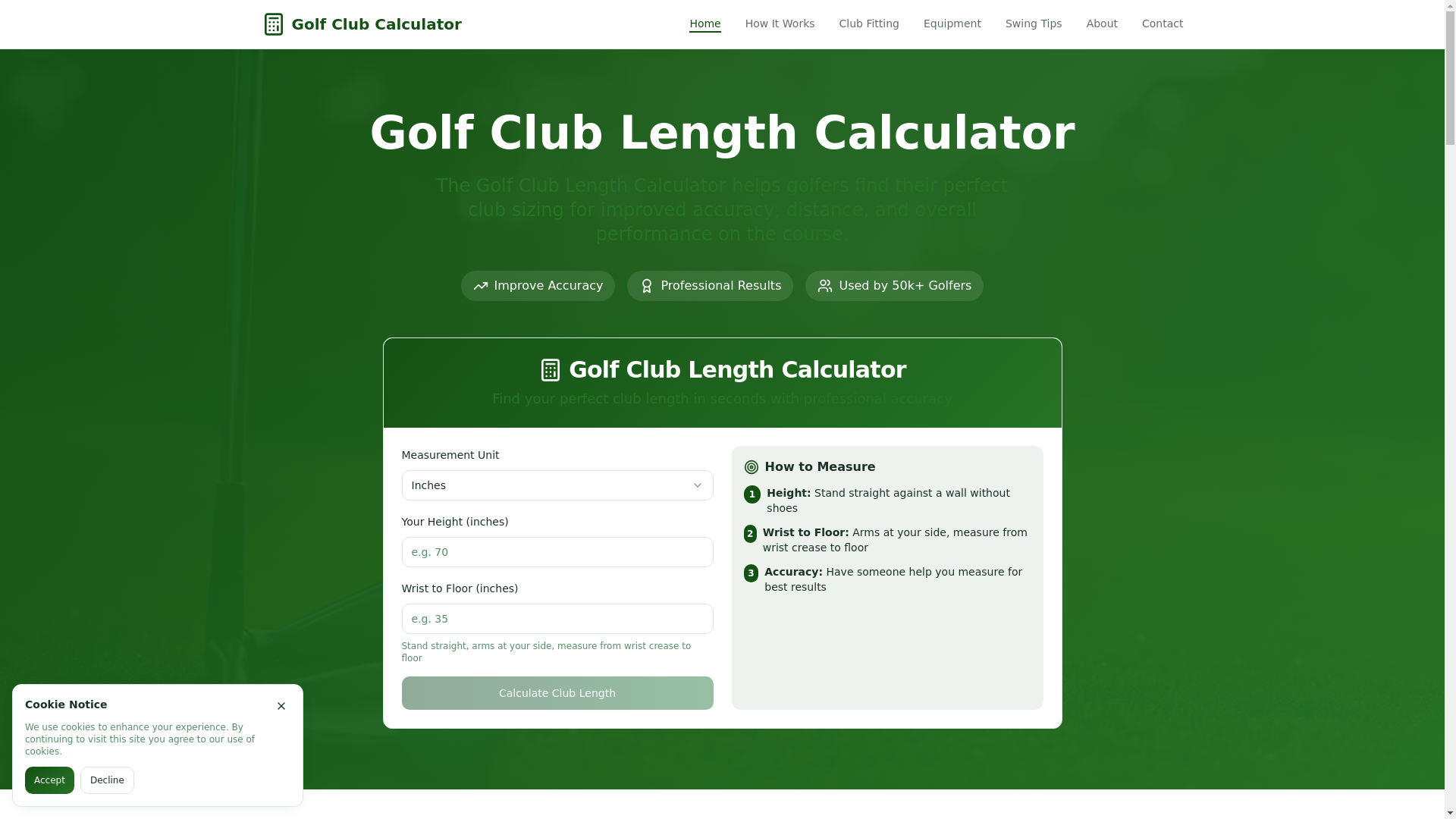 website screenshot of https://golfclublengthcalculator.pages.dev/