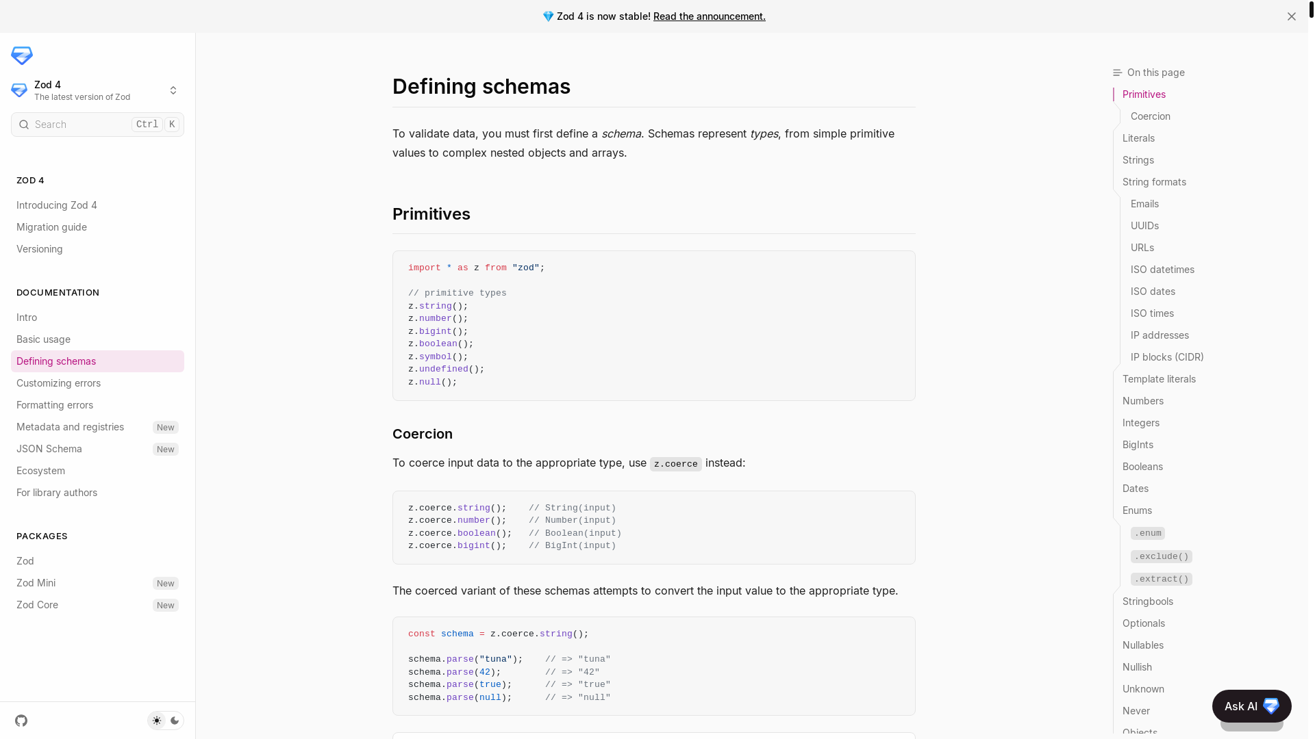 website screenshot of https://zod.dev/api