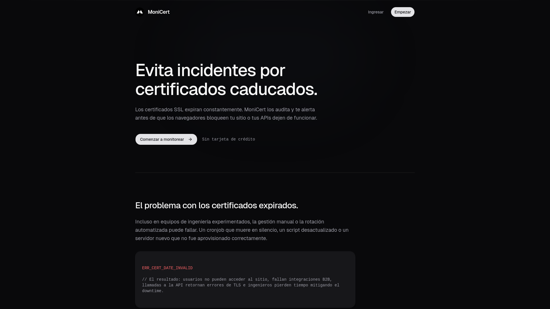 website screenshot of https://monicert.com