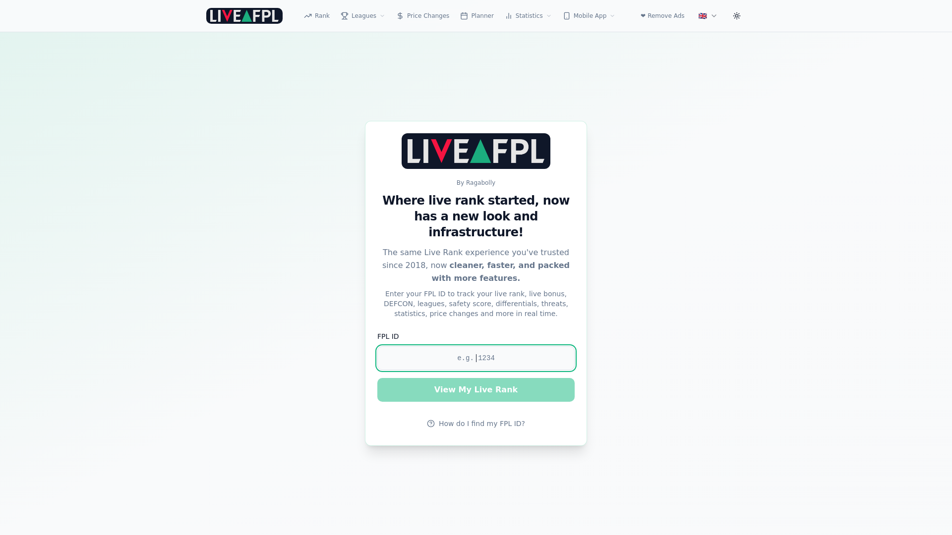 website screenshot of https://www.livefpl.net/