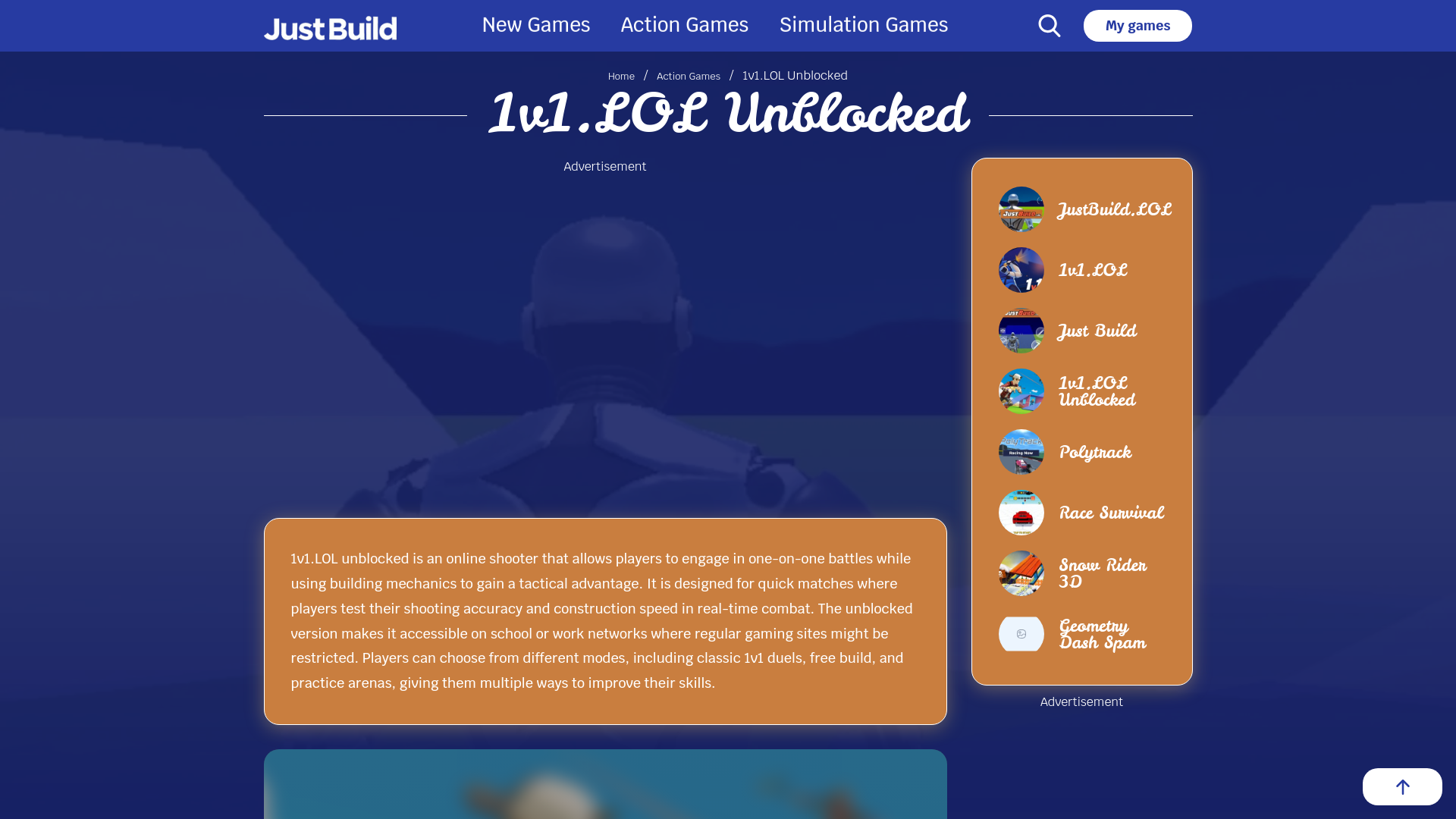 website screenshot of https://justbuild-lol.com/1v1-lol-unblocked/