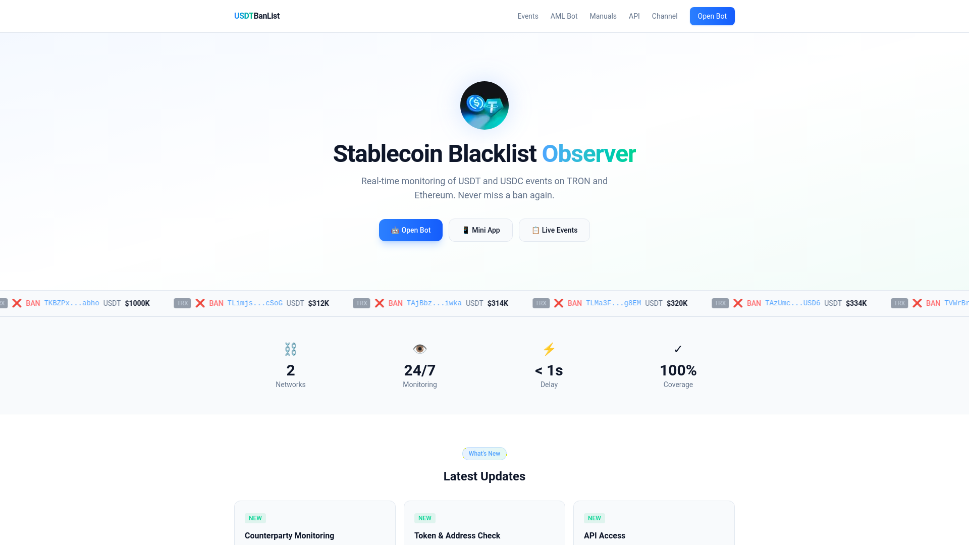 website screenshot of https://usdtbanlist.com/