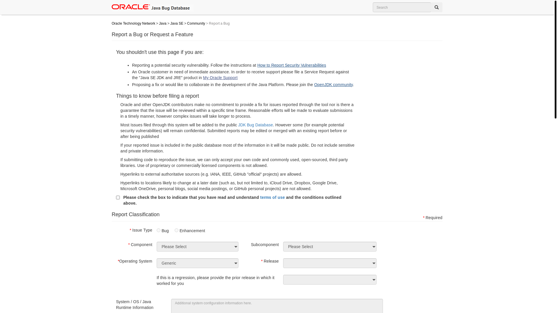 website screenshot of http://bugreport.sun.com/