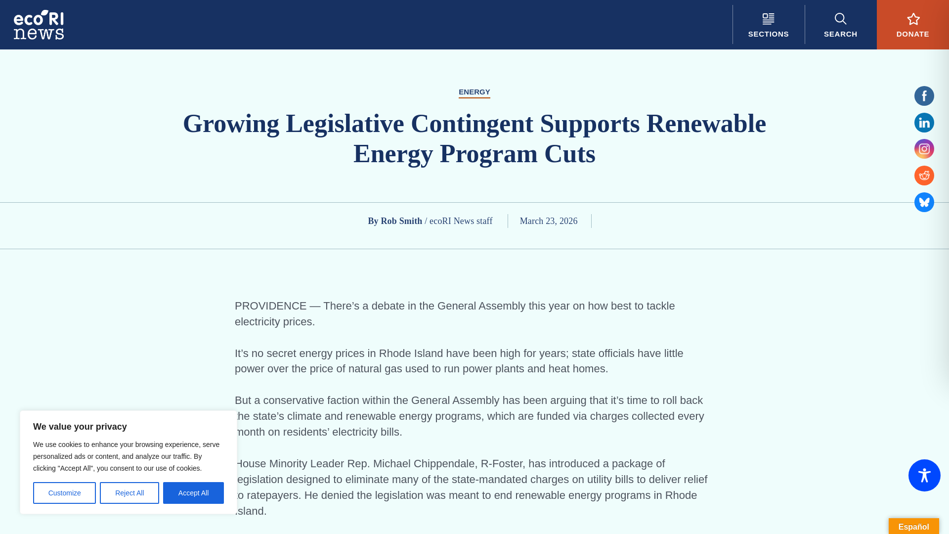 website screenshot of https://ecori.org/growing-legislative-contingent-supports-renewable-energy-program-cuts/