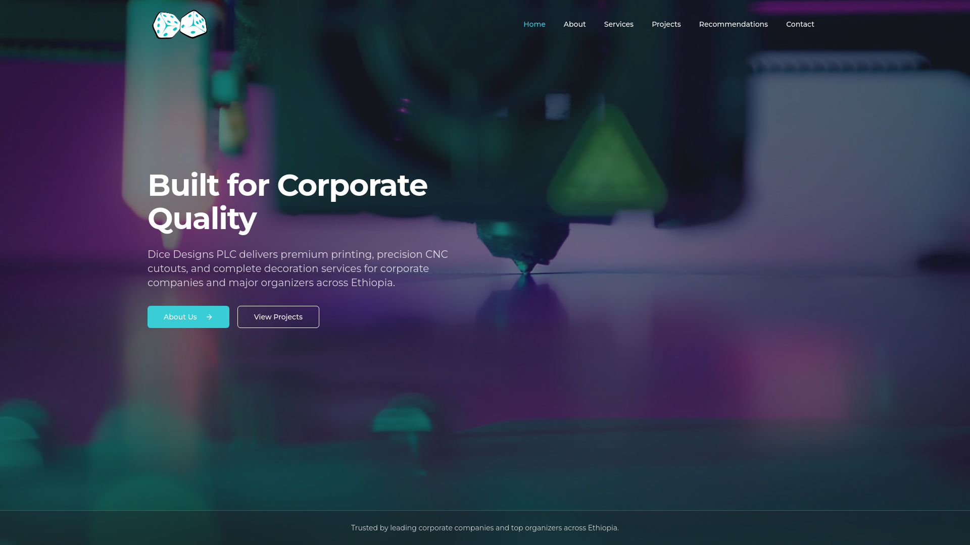 website screenshot of https://dicedesigns.co