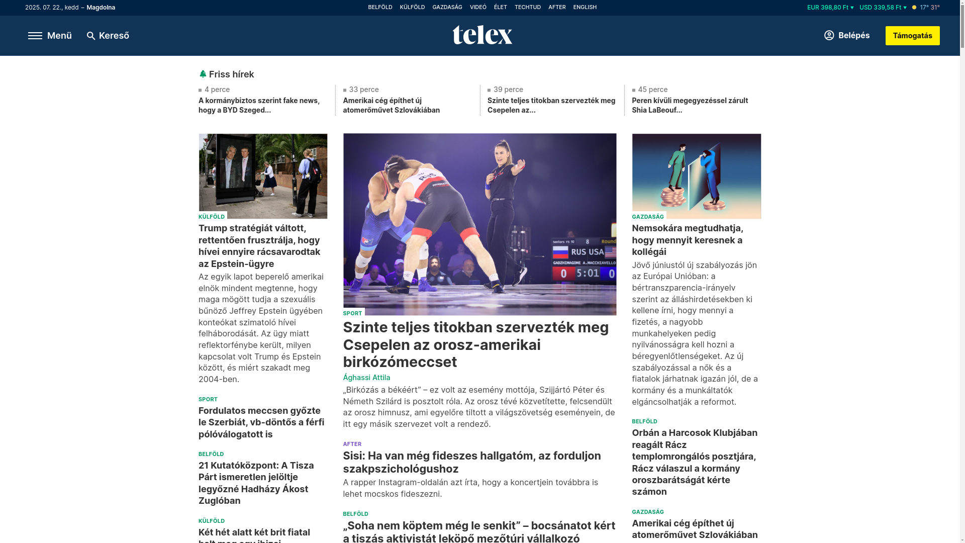 website screenshot of https://telex.hu/