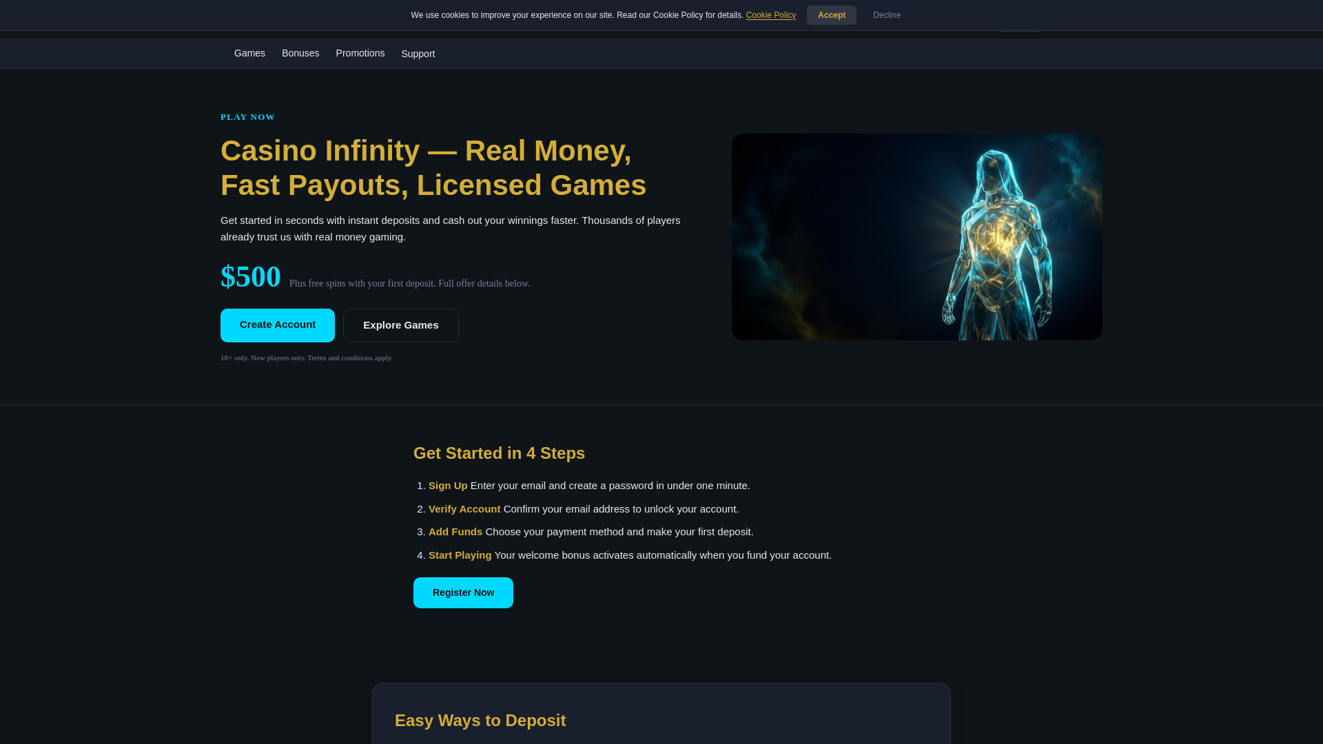 website screenshot of https://casino-infinity.io/