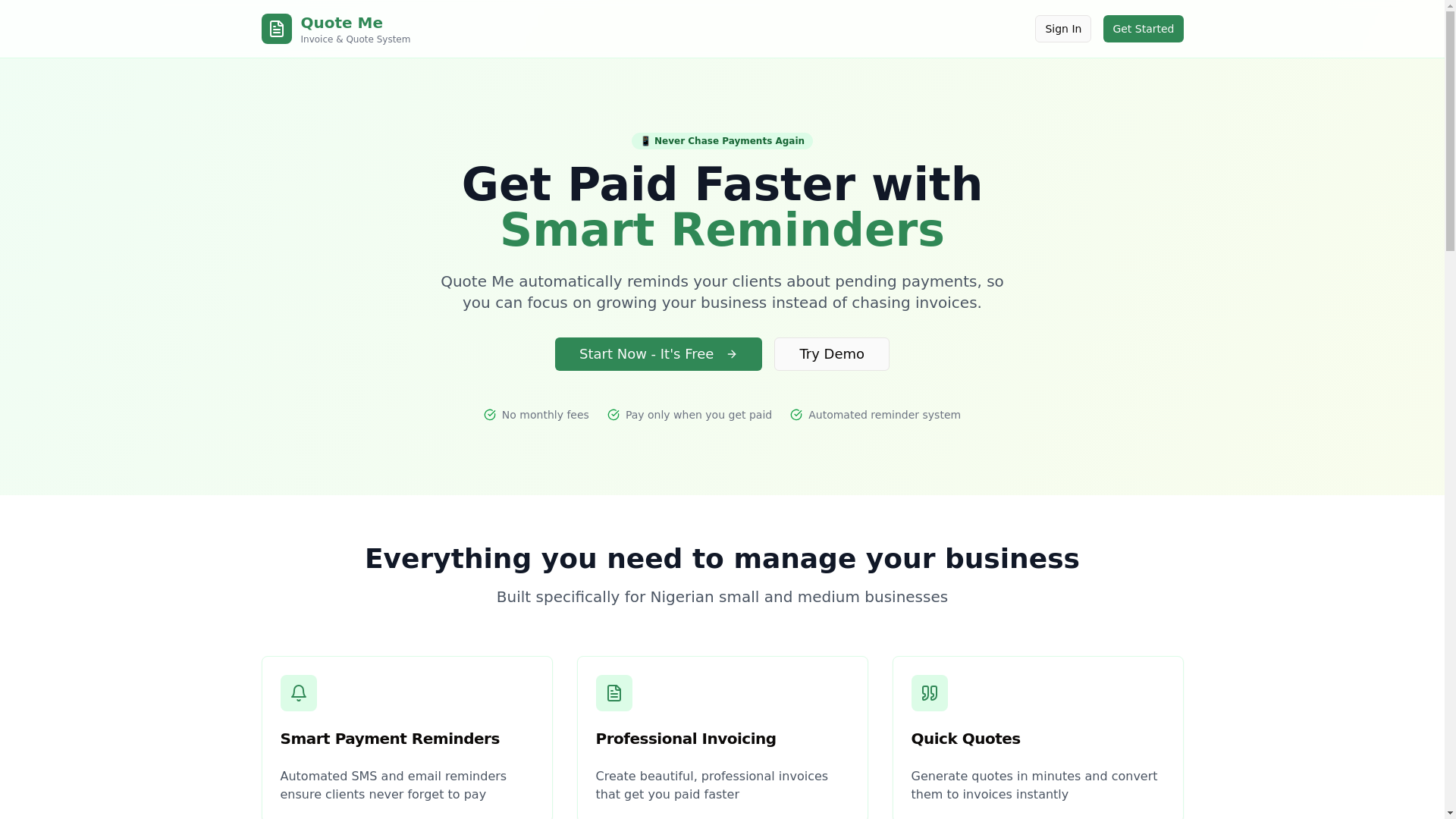 website screenshot of https://quoteme.ng/