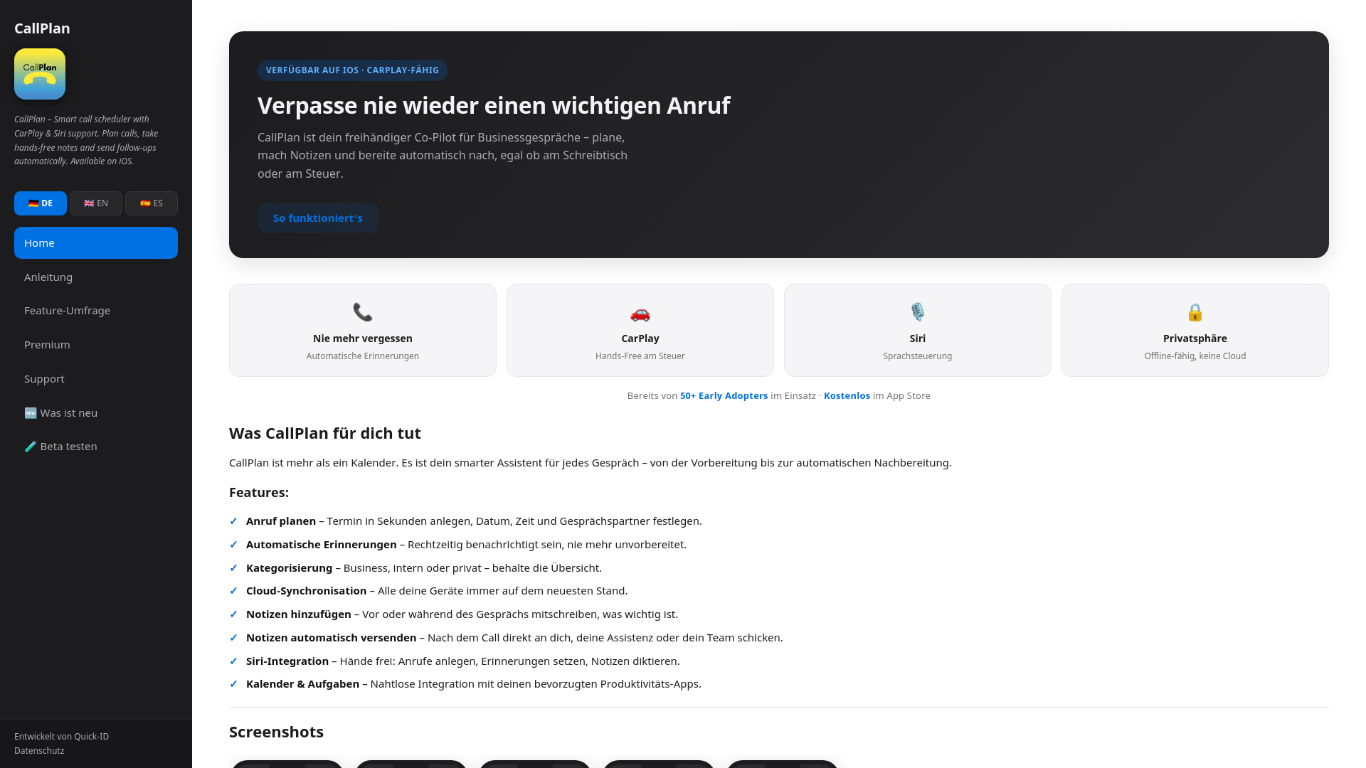 website screenshot of https://callplan.app/