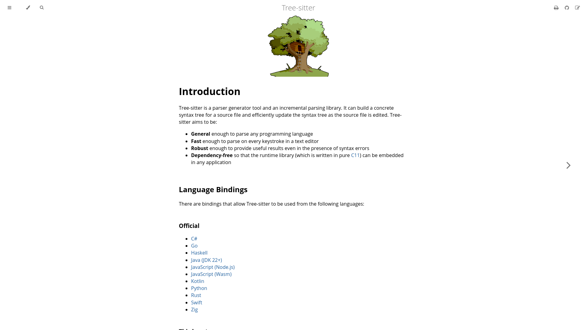 website screenshot of https://tree-sitter.github.io/tree-sitter/
