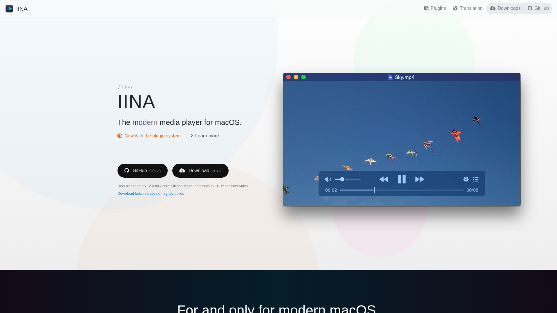 website screenshot of https://iina.io