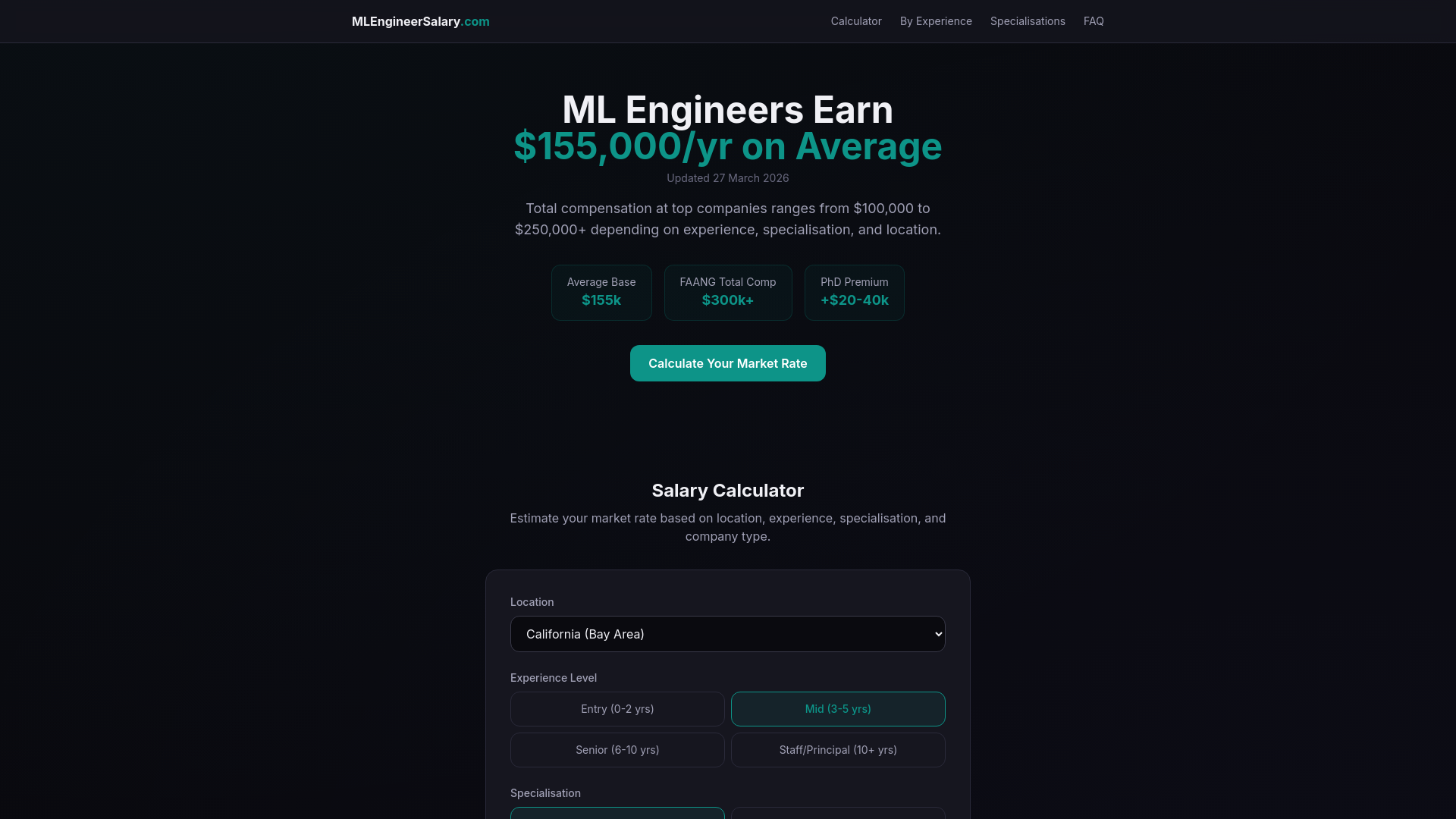website screenshot of https://mlengineersalary.com/