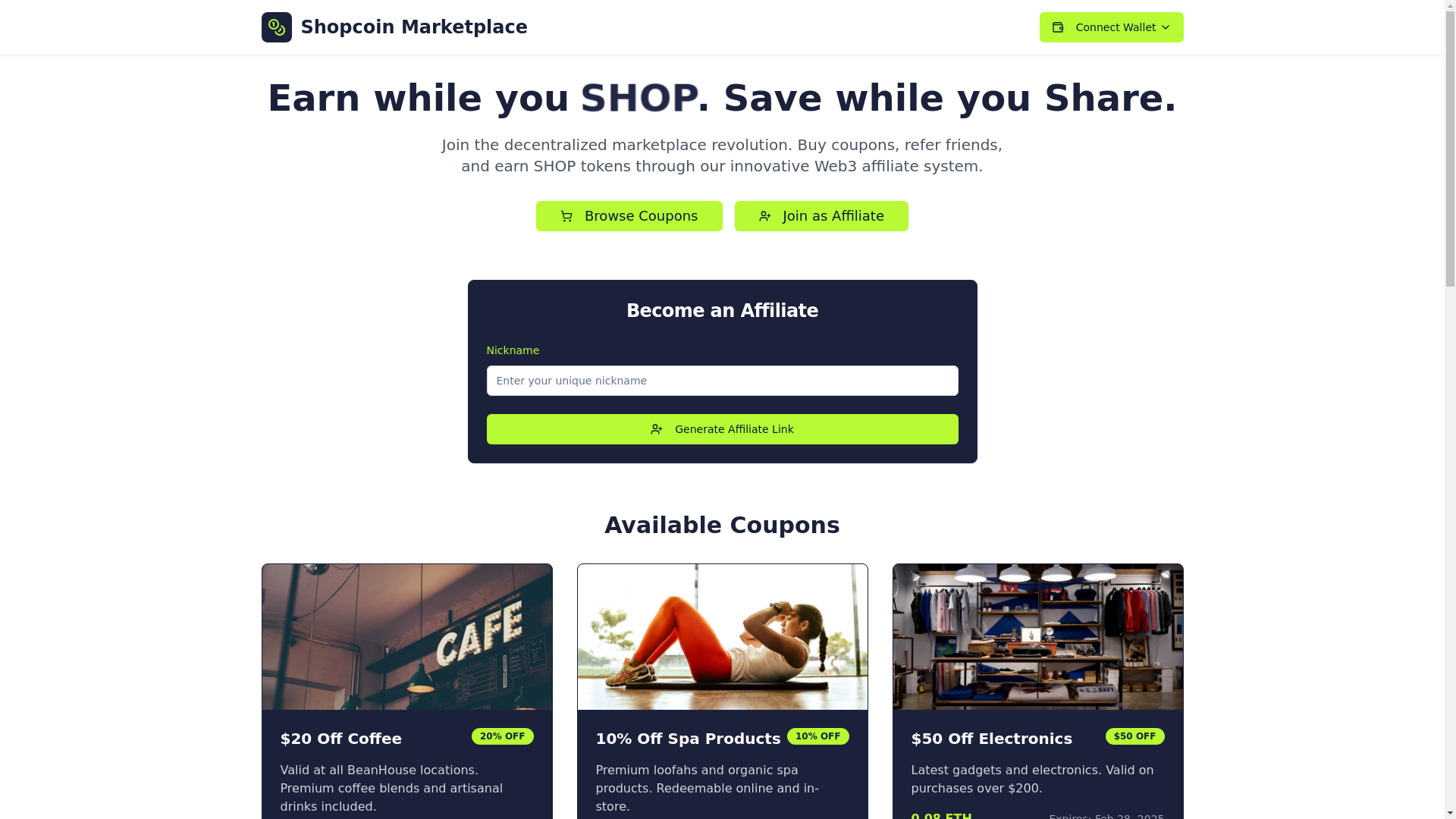 website screenshot of https://shopcoinmarketplace.com/