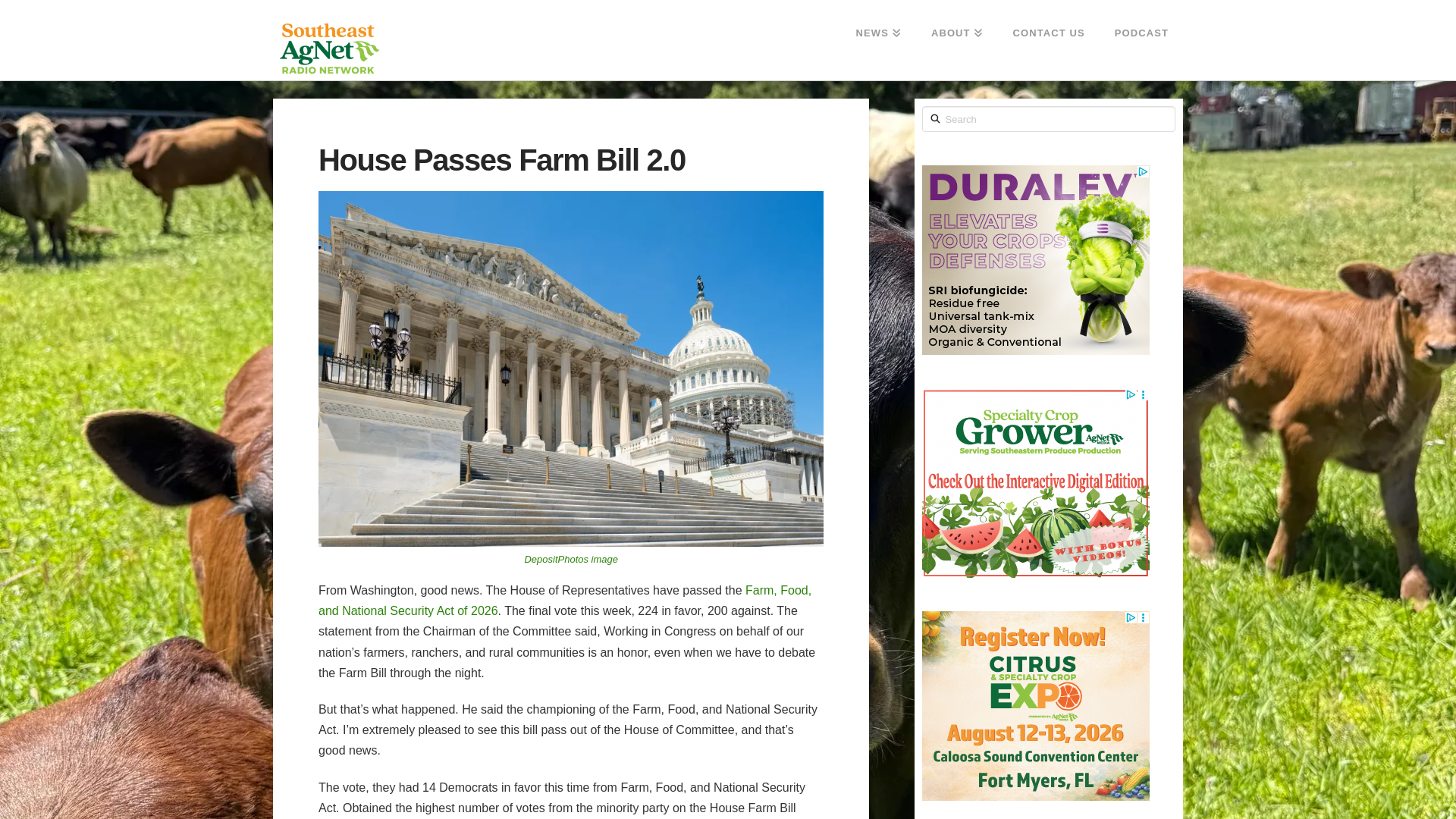 website screenshot of https://southeastagnet.com/2026/05/01/house-passes-farm-bill-2-0/
