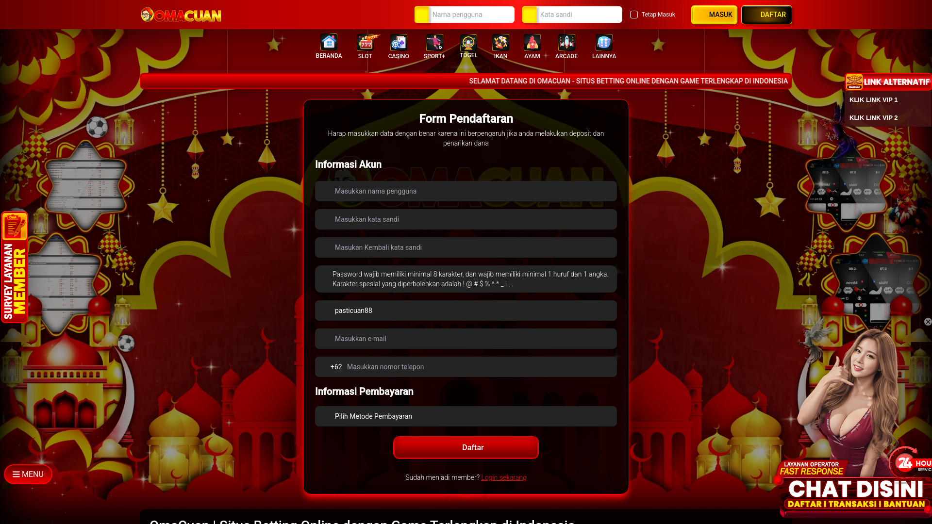 website screenshot of https://omacuankali.com/pendaftaran?ref=pasticuan88