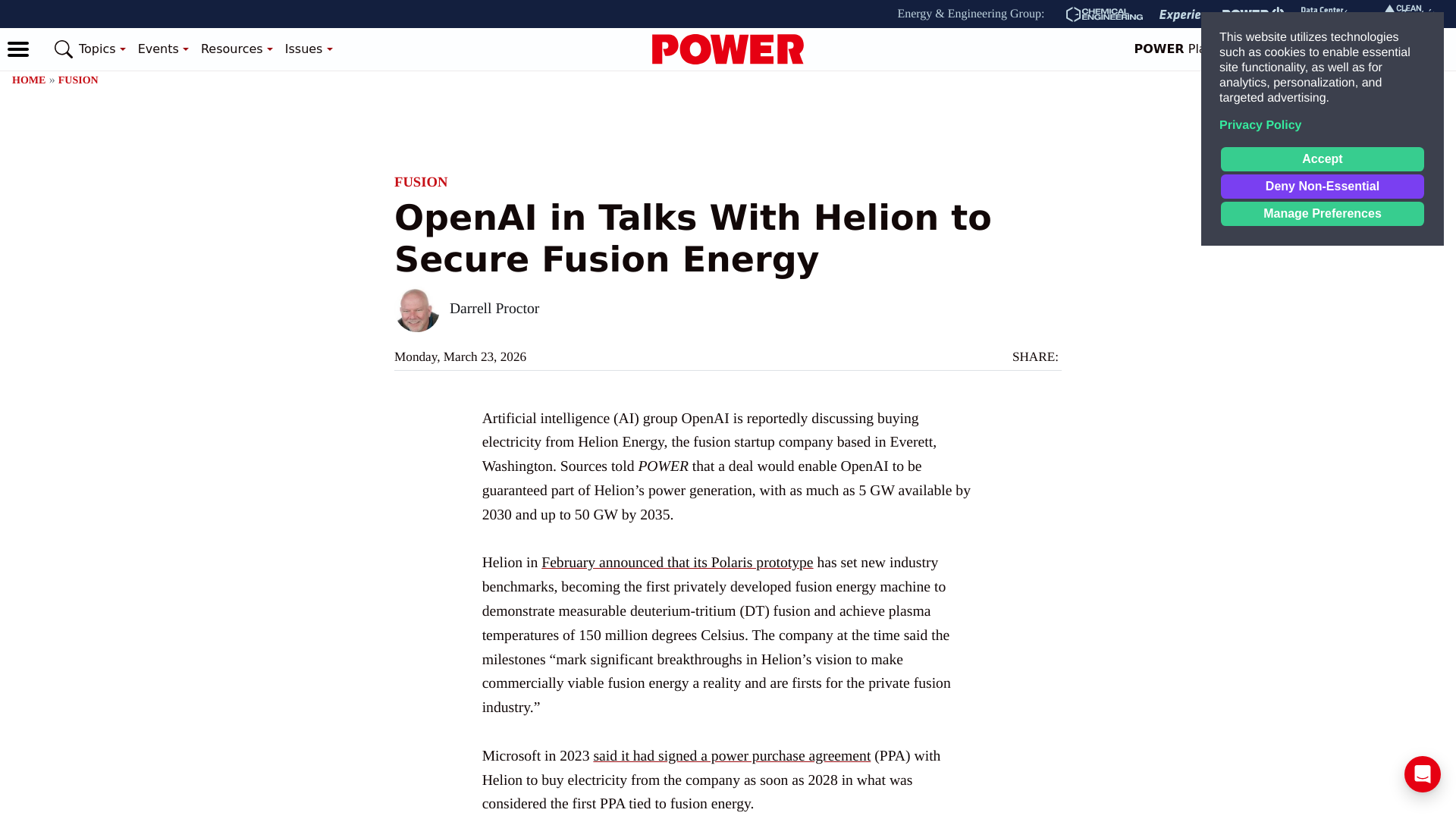 website screenshot of https://www.powermag.com/openai-in-talks-with-helion-to-secure-fusion-energy/