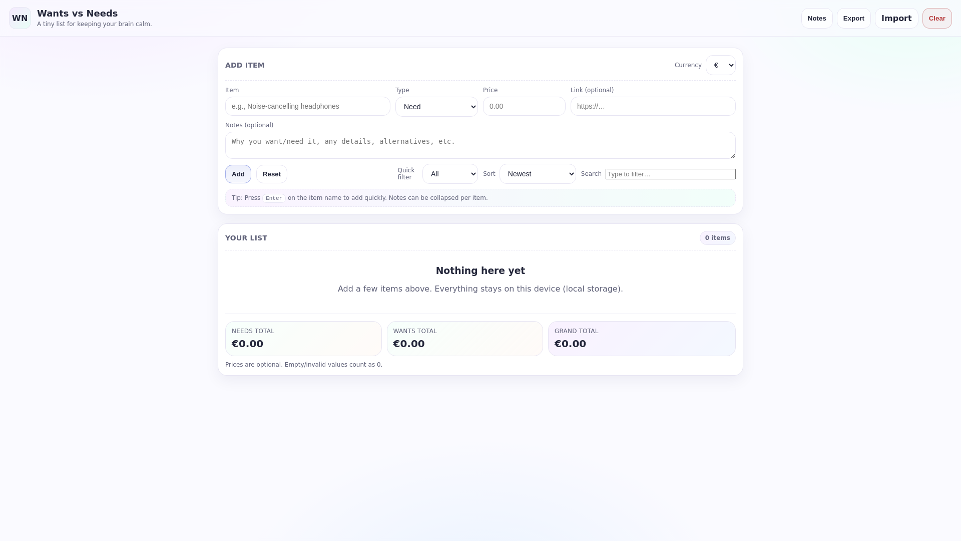 website screenshot of https://wants-n-needs.pages.dev/