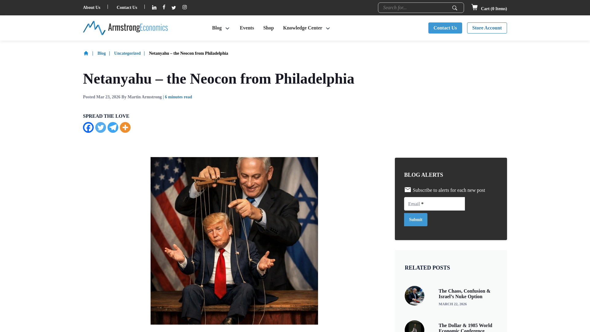 website screenshot of https://www.armstrongeconomics.com/uncategorized/netanyahu-the-neocon-from-philadelphia/