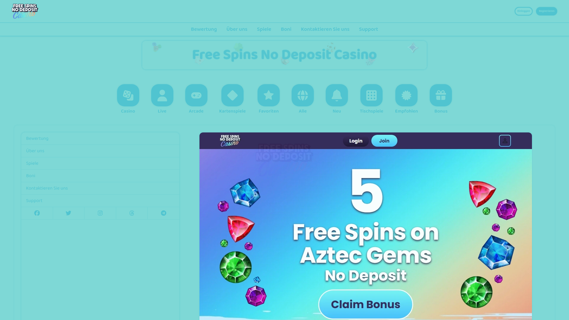 website screenshot of https://freespinsnodepositcasino.de