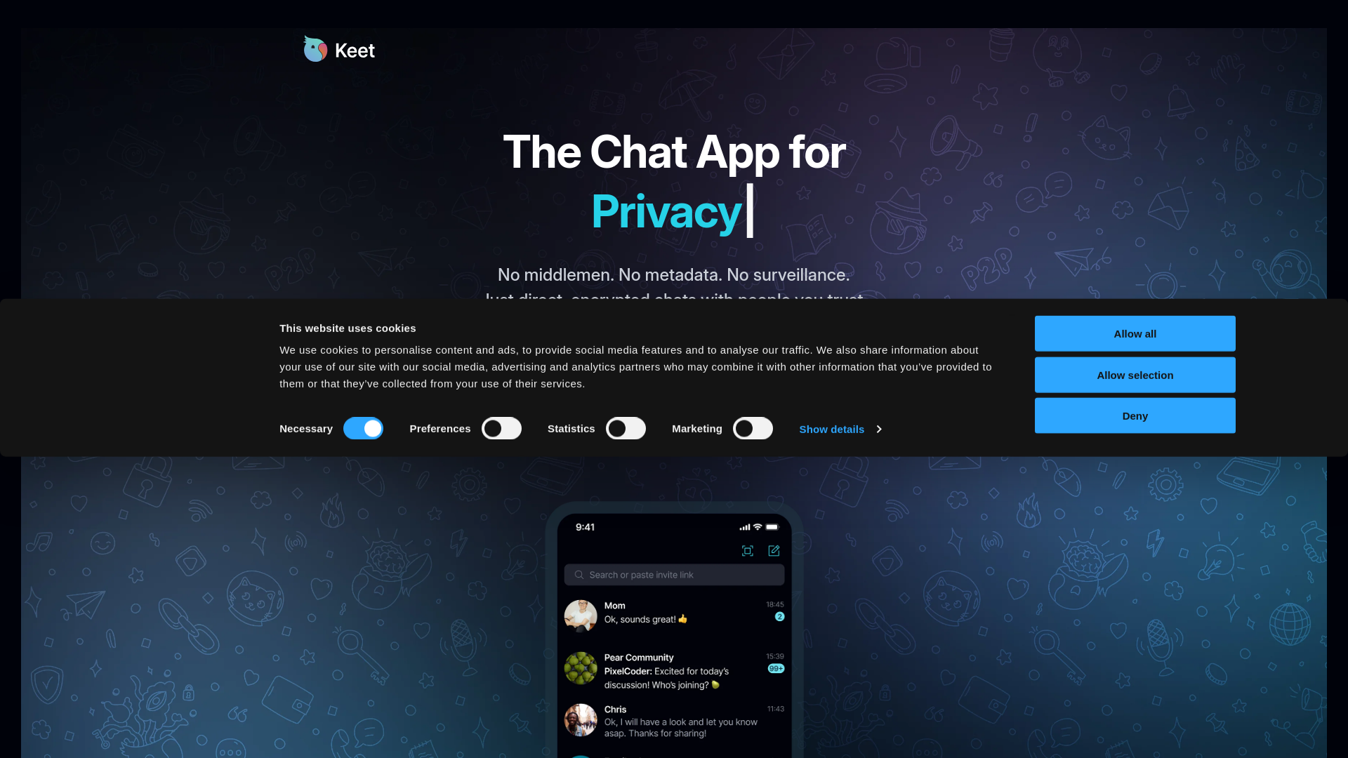 website screenshot of https://keet.io/