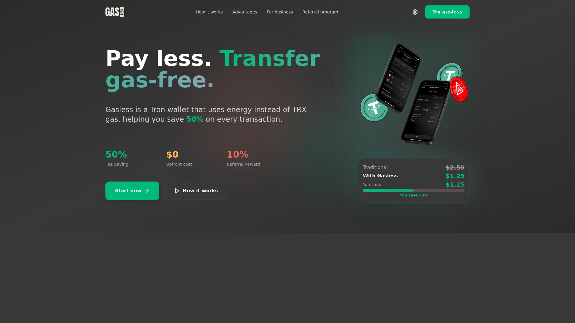 website screenshot of https://gaslesswallet.io/