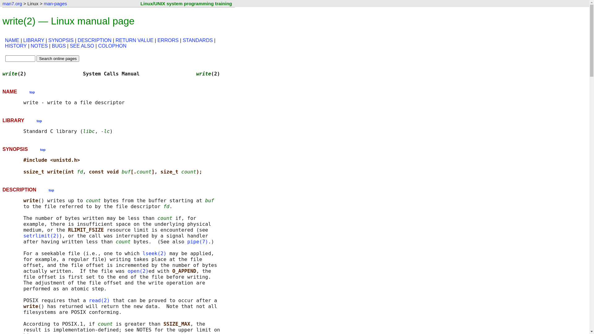 website screenshot of https://man7.org/linux/man-pages/man2/write.2.html