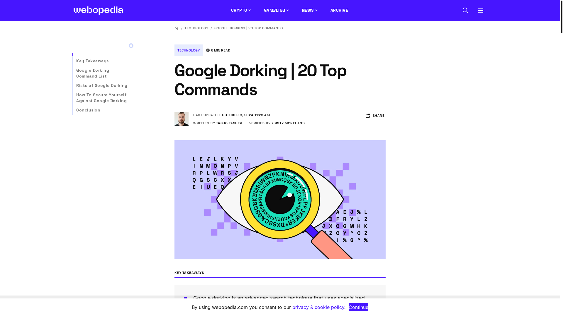 website screenshot of https://www.webopedia.com/technology/google-dorking-commands/?x