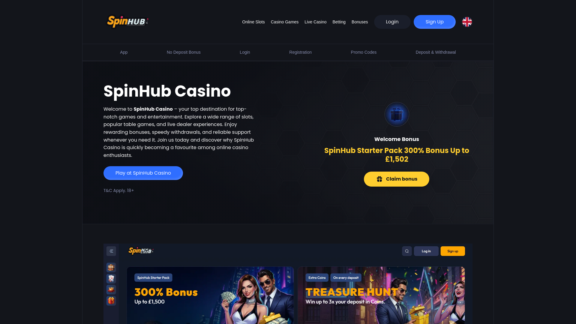 website screenshot of https://spinhub-casino.co.uk/