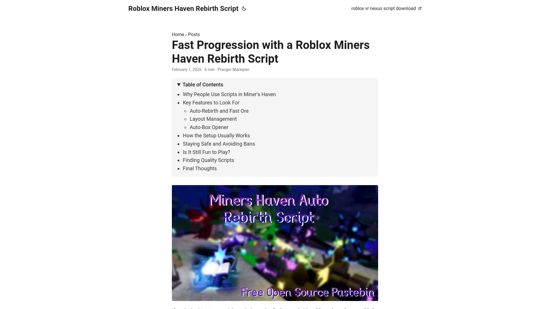 website screenshot of https://roblox-miners-haven-rebirth-script.pages.dev/