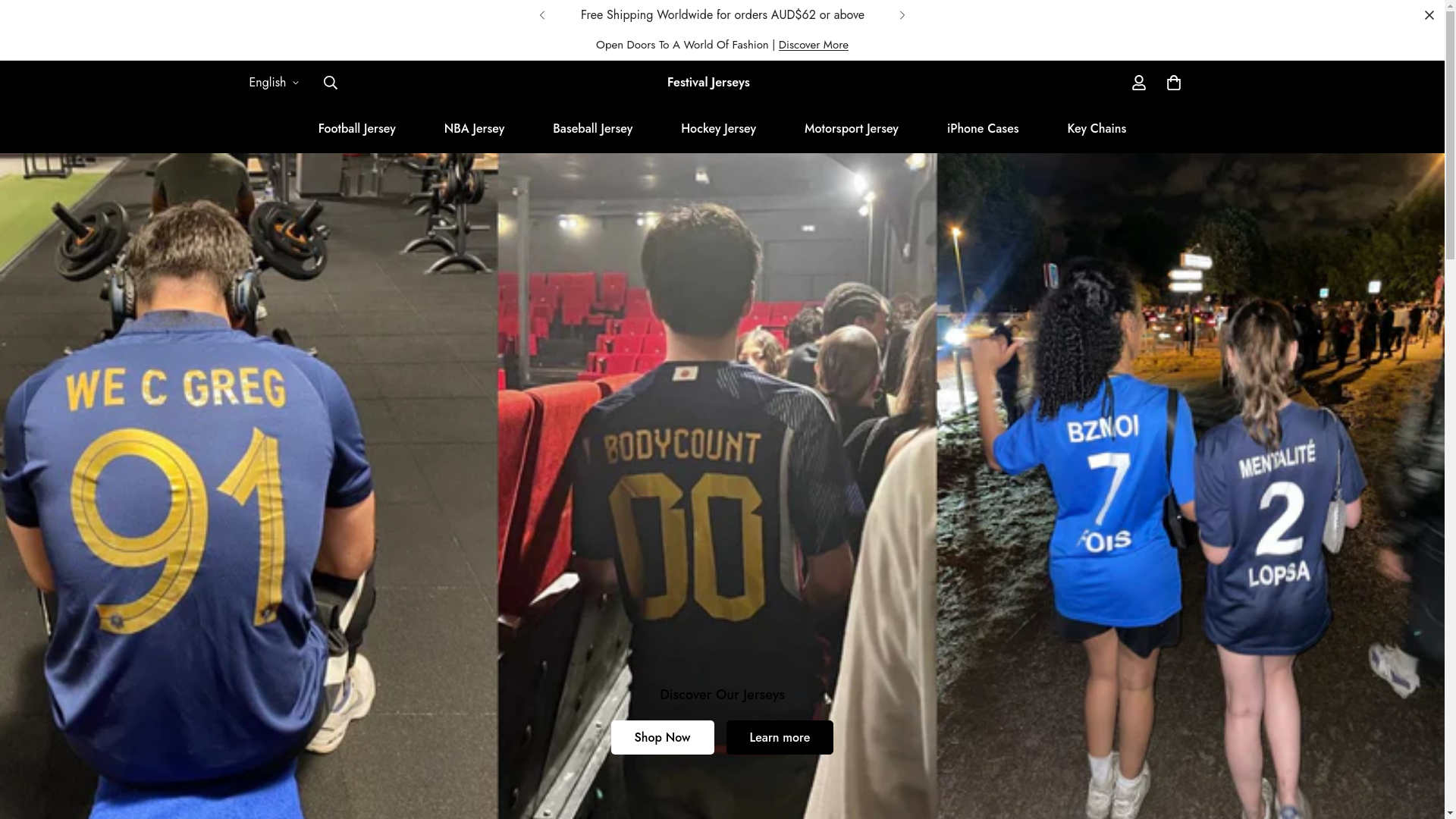 website screenshot of https://festivaljerseys.com/