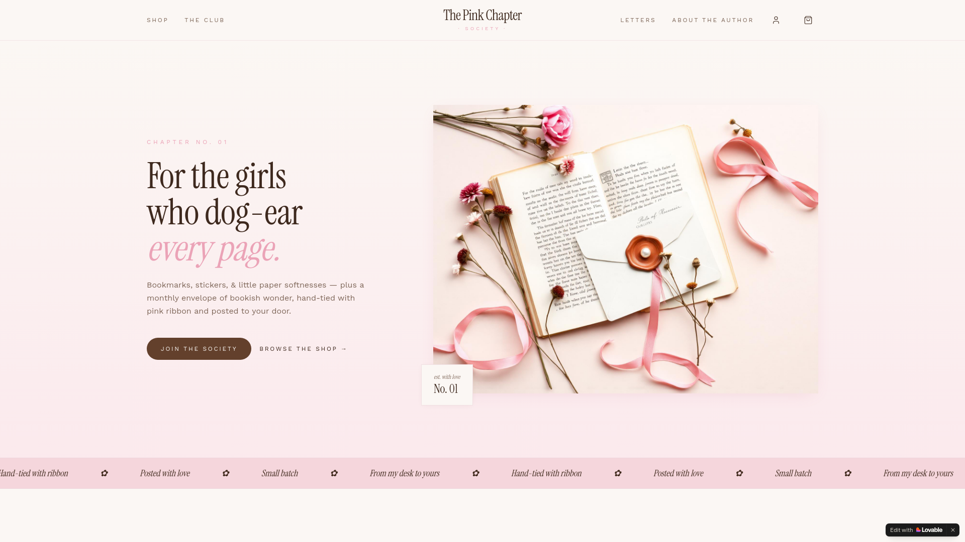 website screenshot of https://thepinkchaptersociety.com/