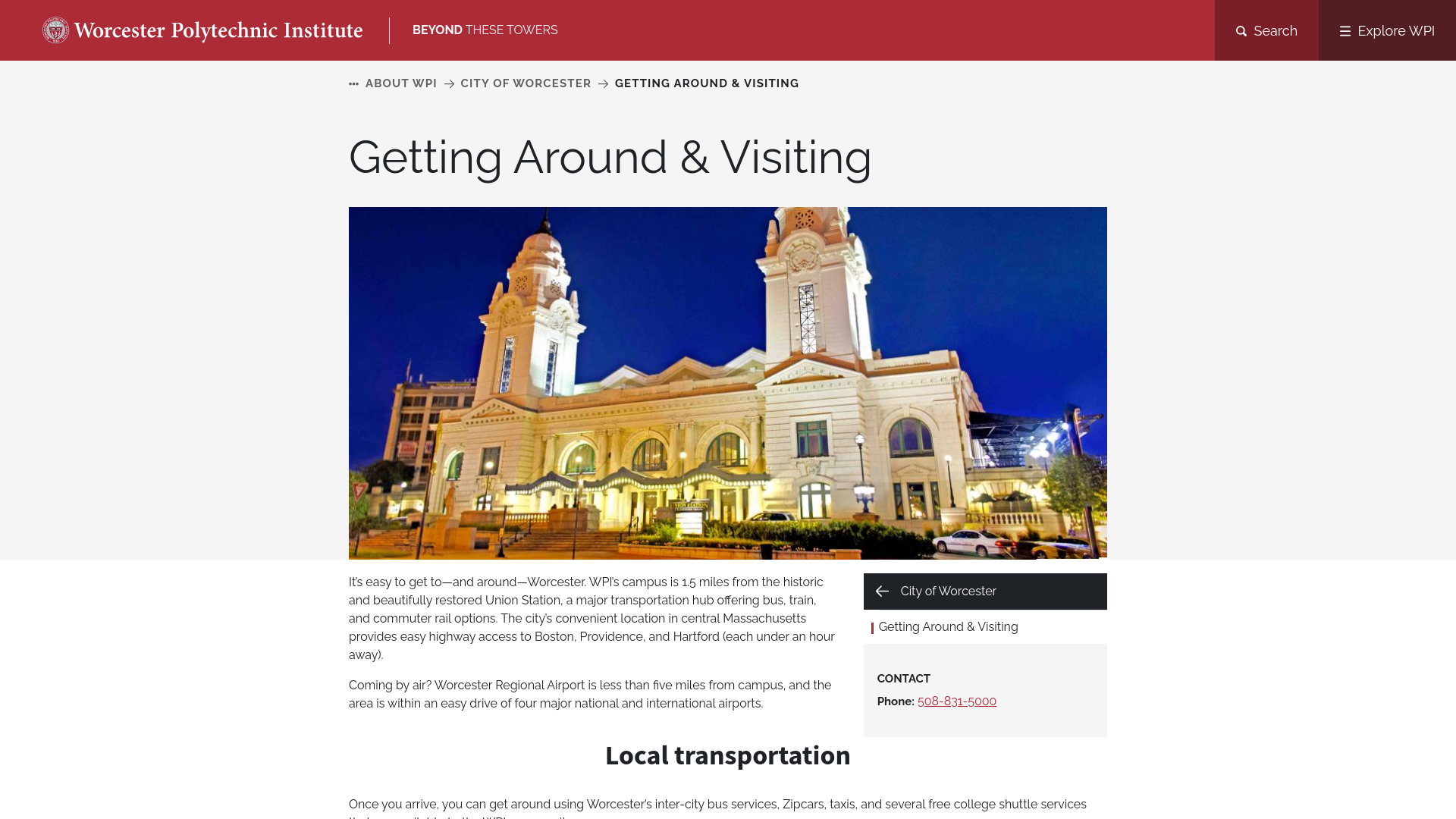website screenshot of https://www.wpi.edu/about/worcester/visiting
