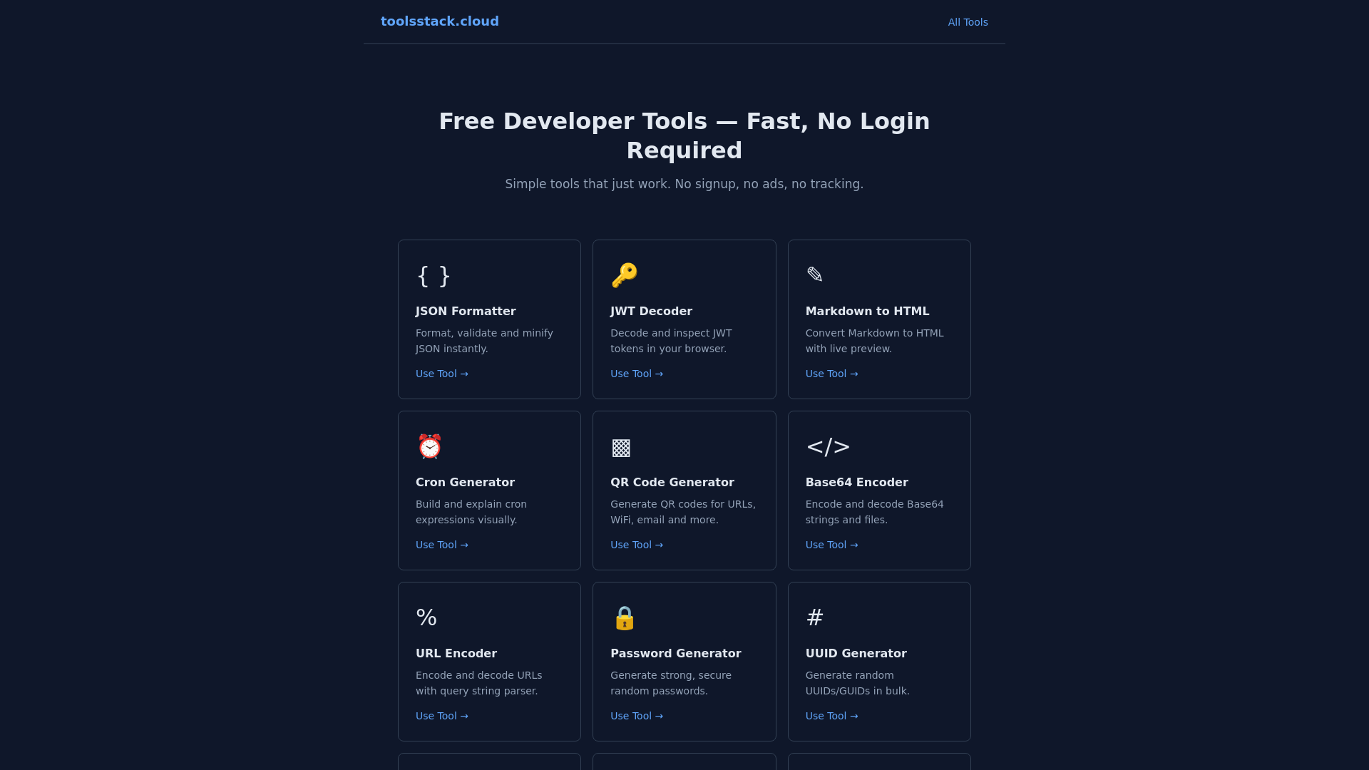 website screenshot of https://toolsstack.cloud/
