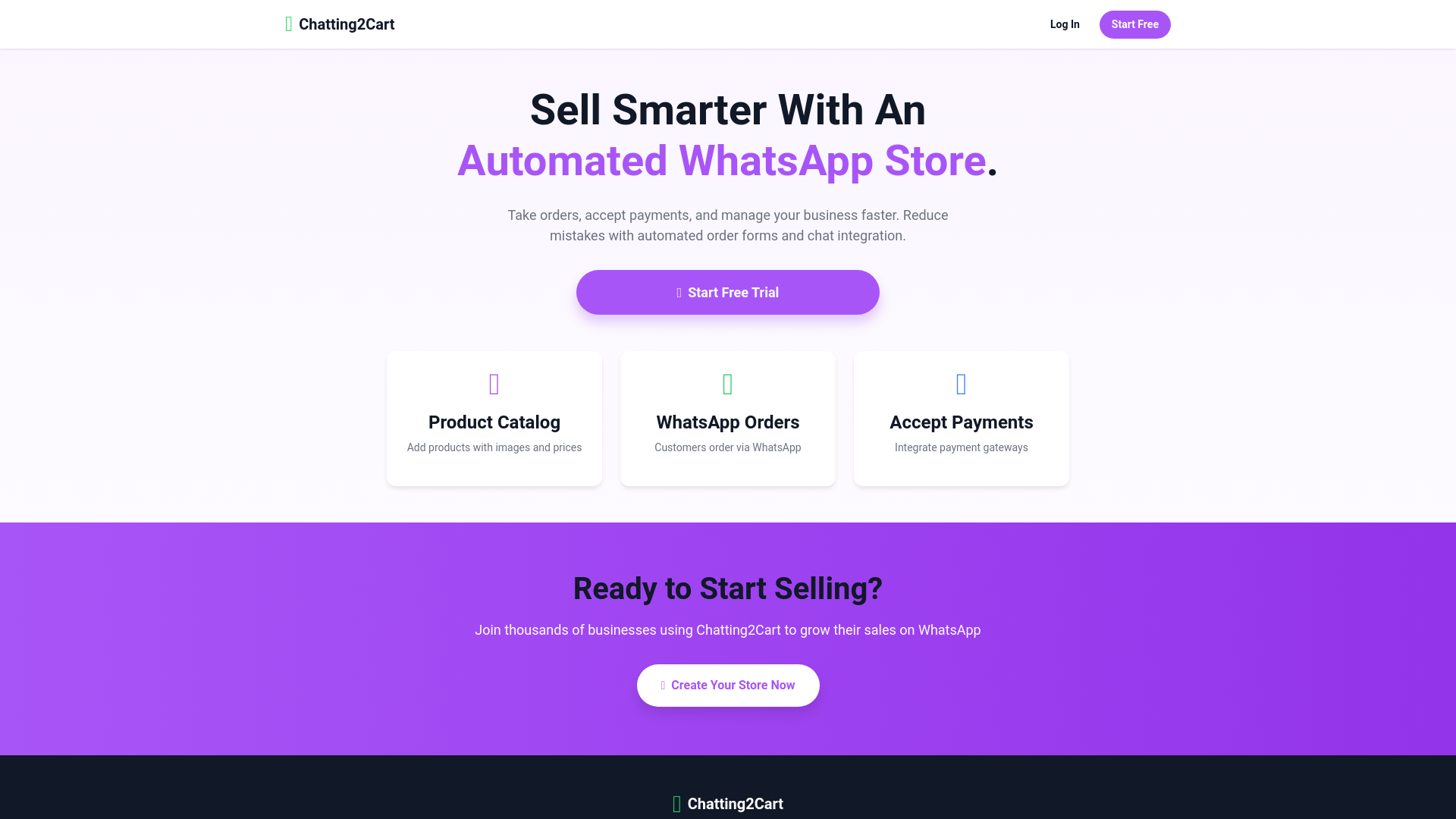 website screenshot of https://chatting2cart-dashboard.pages.dev/