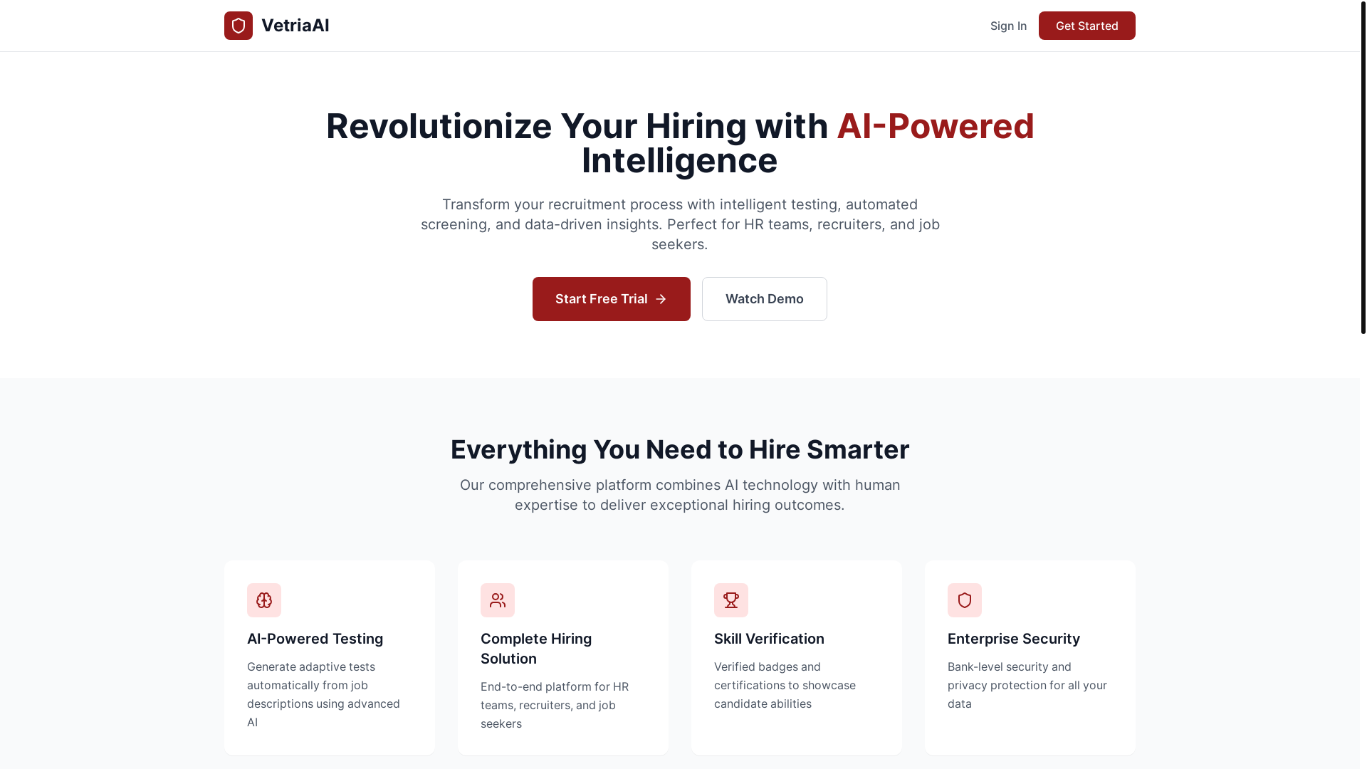 website screenshot of https://vetriaai-product.pages.dev/