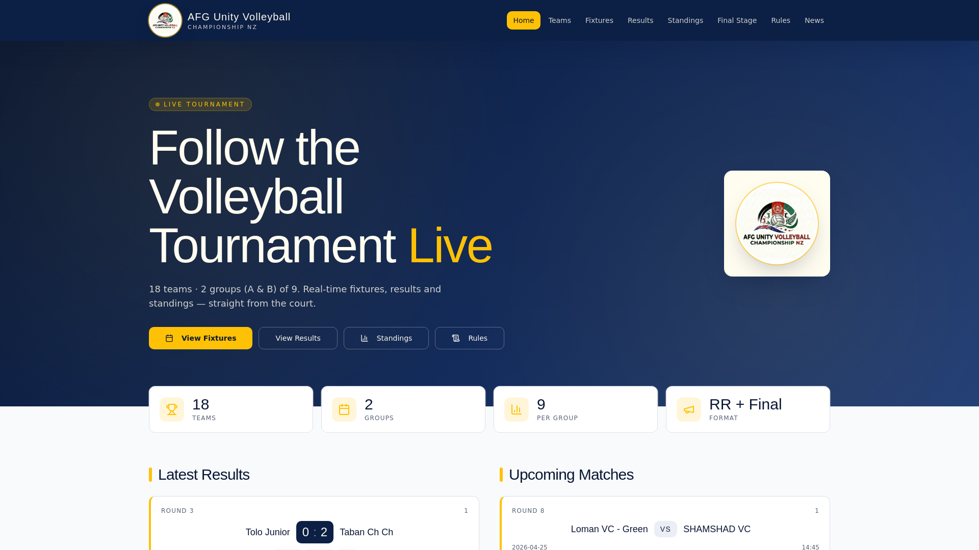 website screenshot of https://afgunityvolleyball.com/