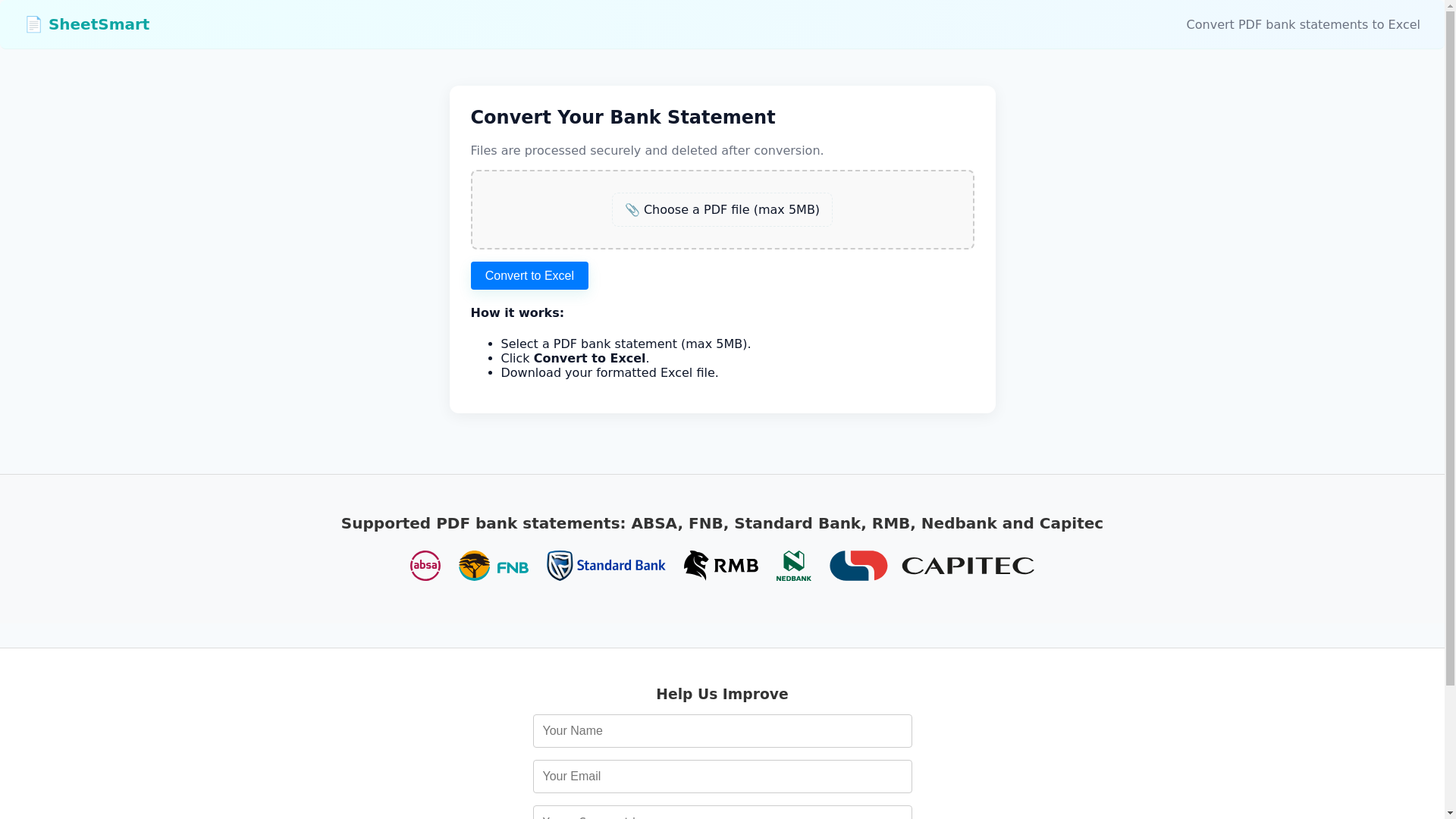 website screenshot of https://freebankstatementconverter.co.za/