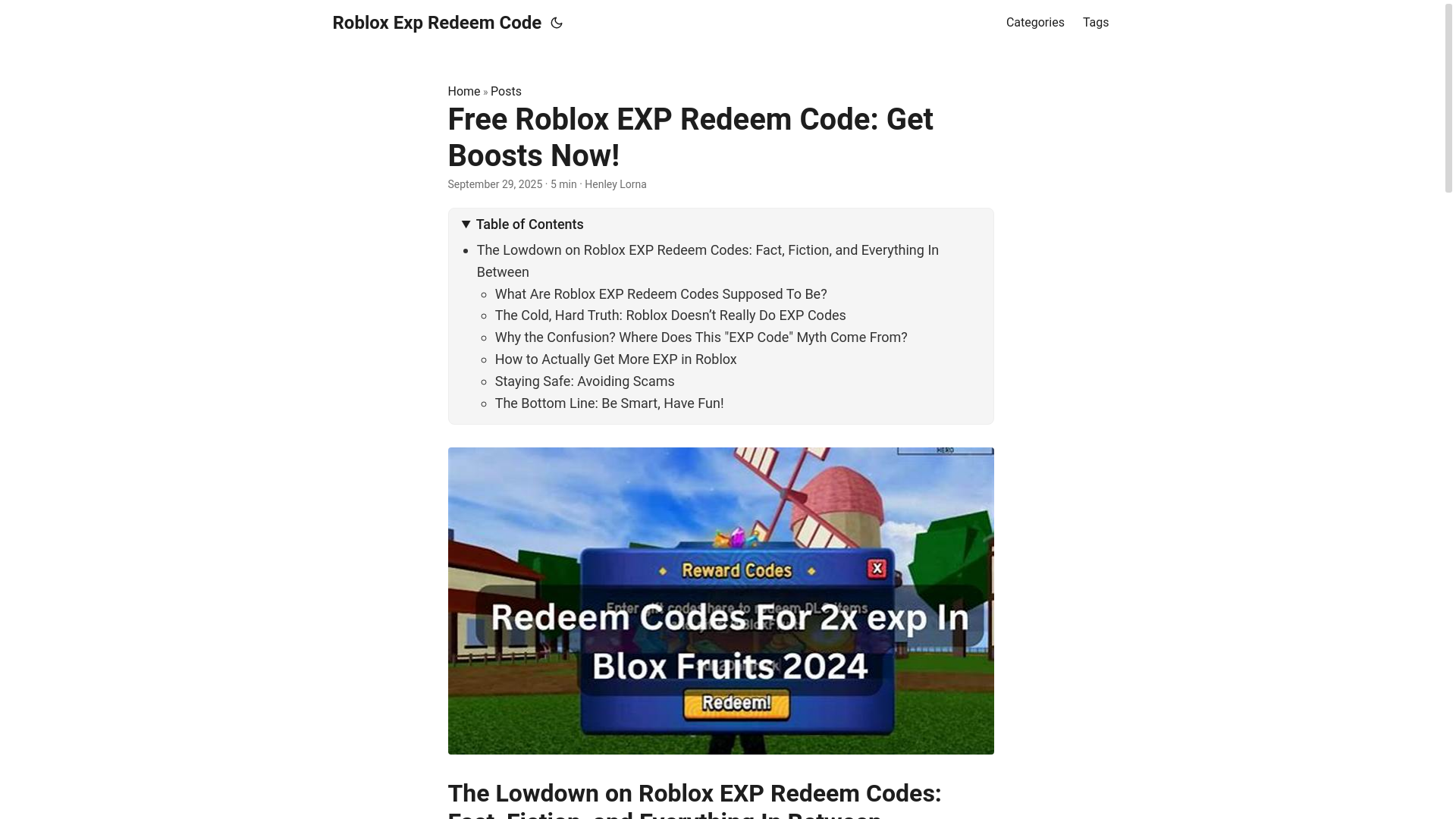 website screenshot of https://roblox-exp-redeem-code.pages.dev/