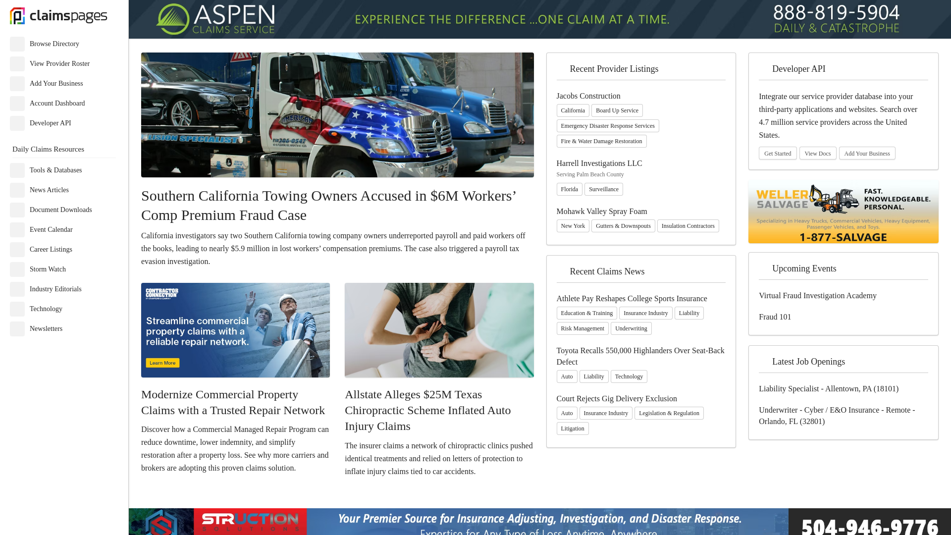 website screenshot of https://claimspages.com/