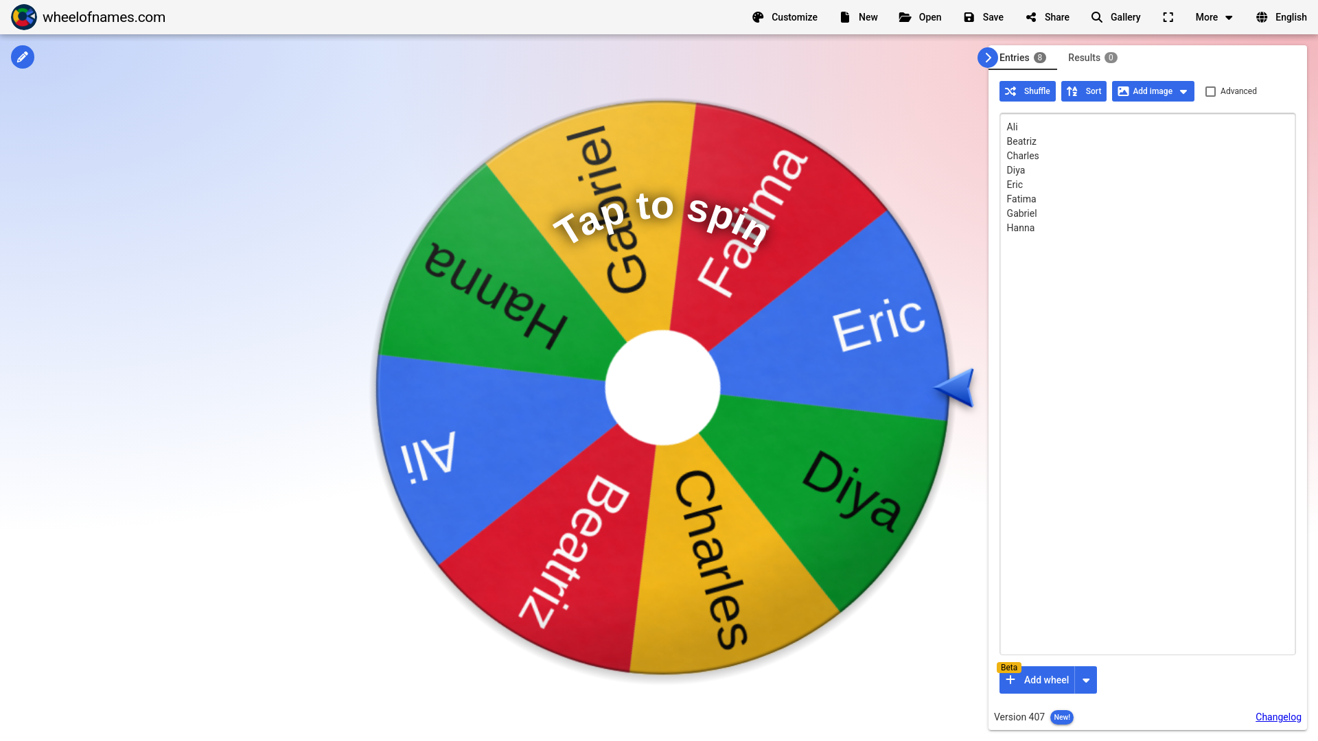 website screenshot of https://wheelofnames.com/