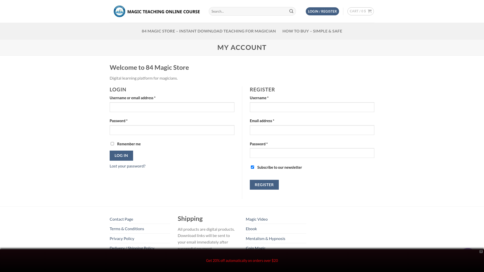 website screenshot of https://84magicstore.com/my-account/