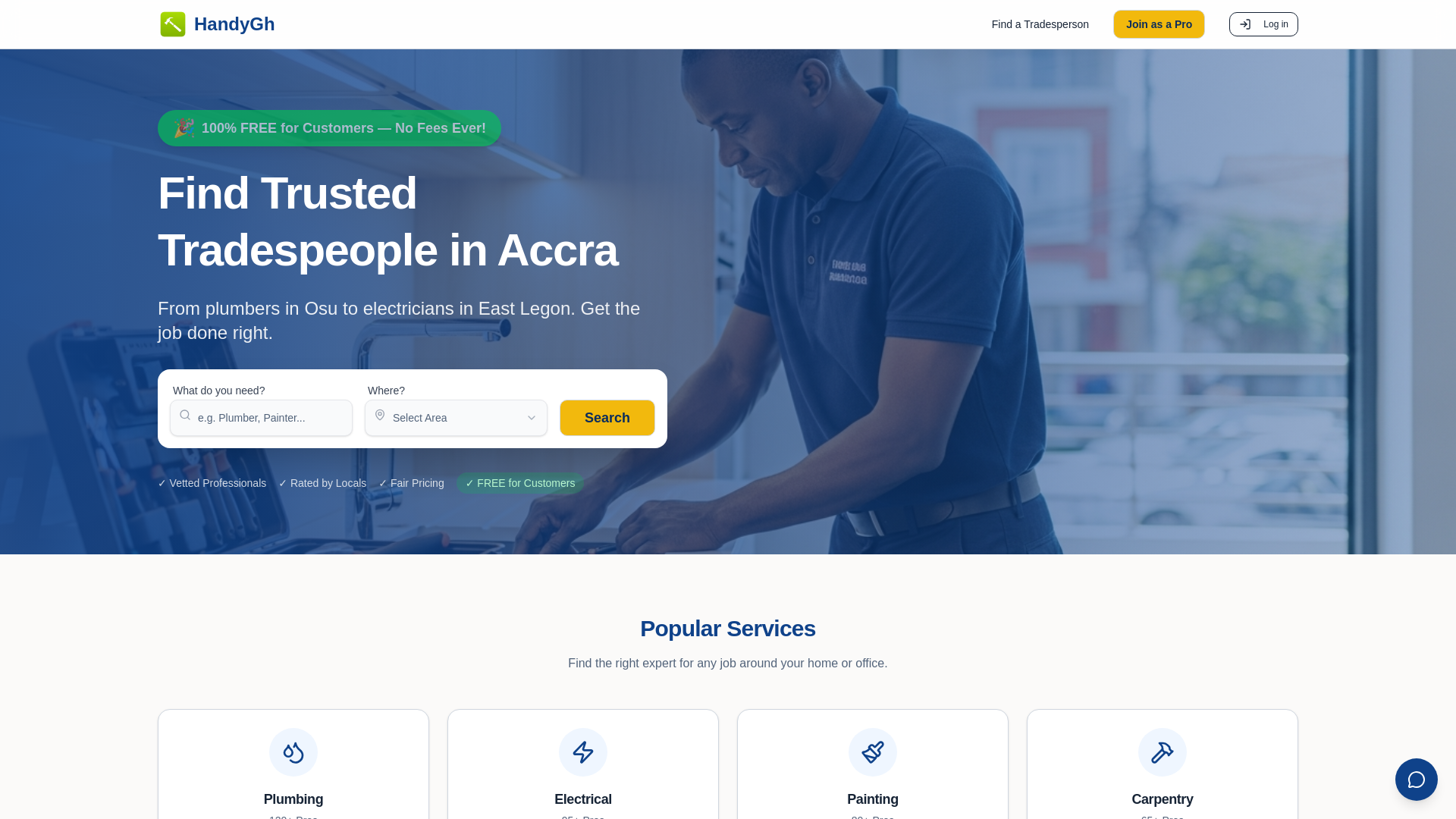 website screenshot of https://accratradesmen.com