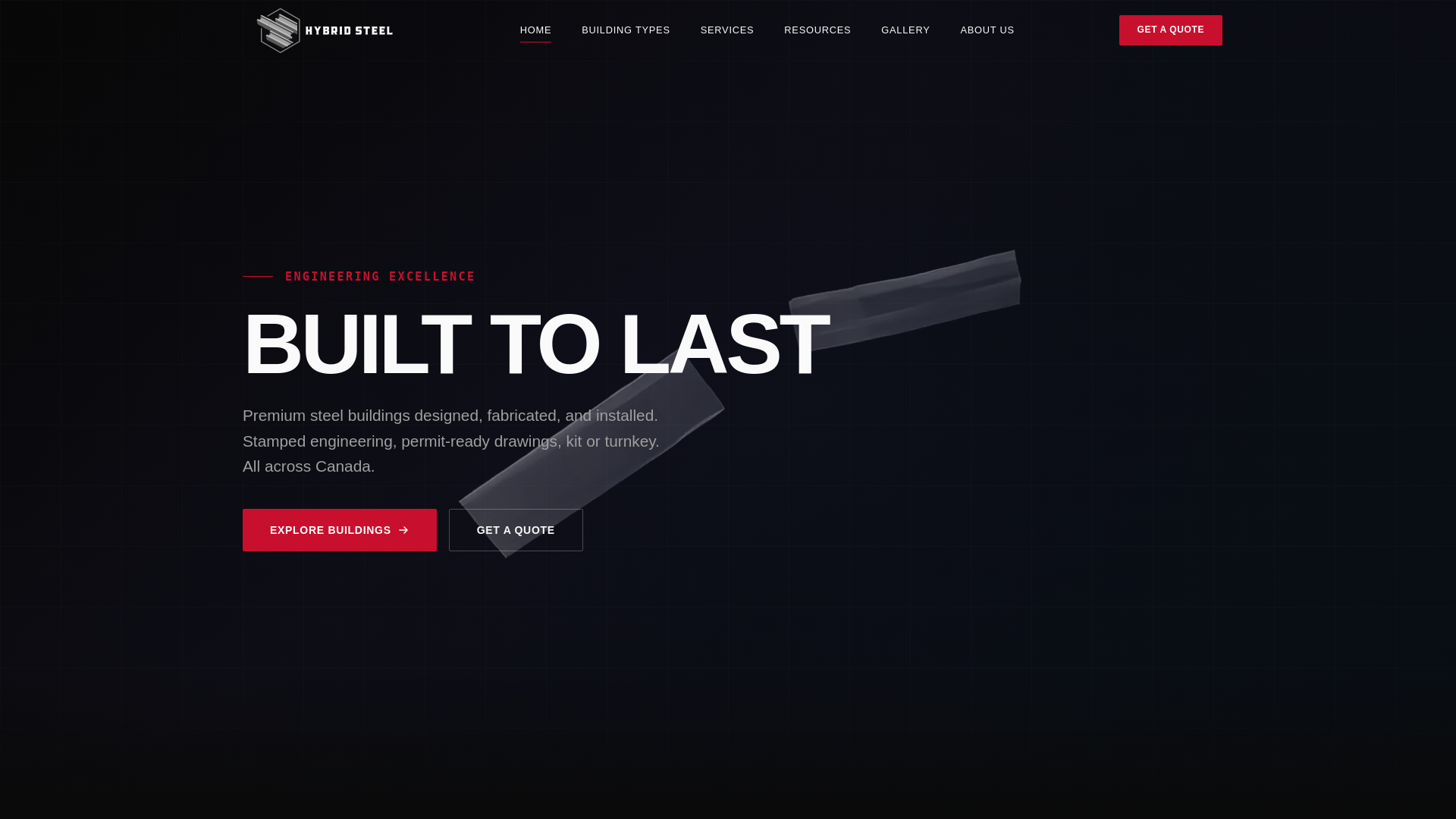 website screenshot of https://hybridsteelbuildings.com/