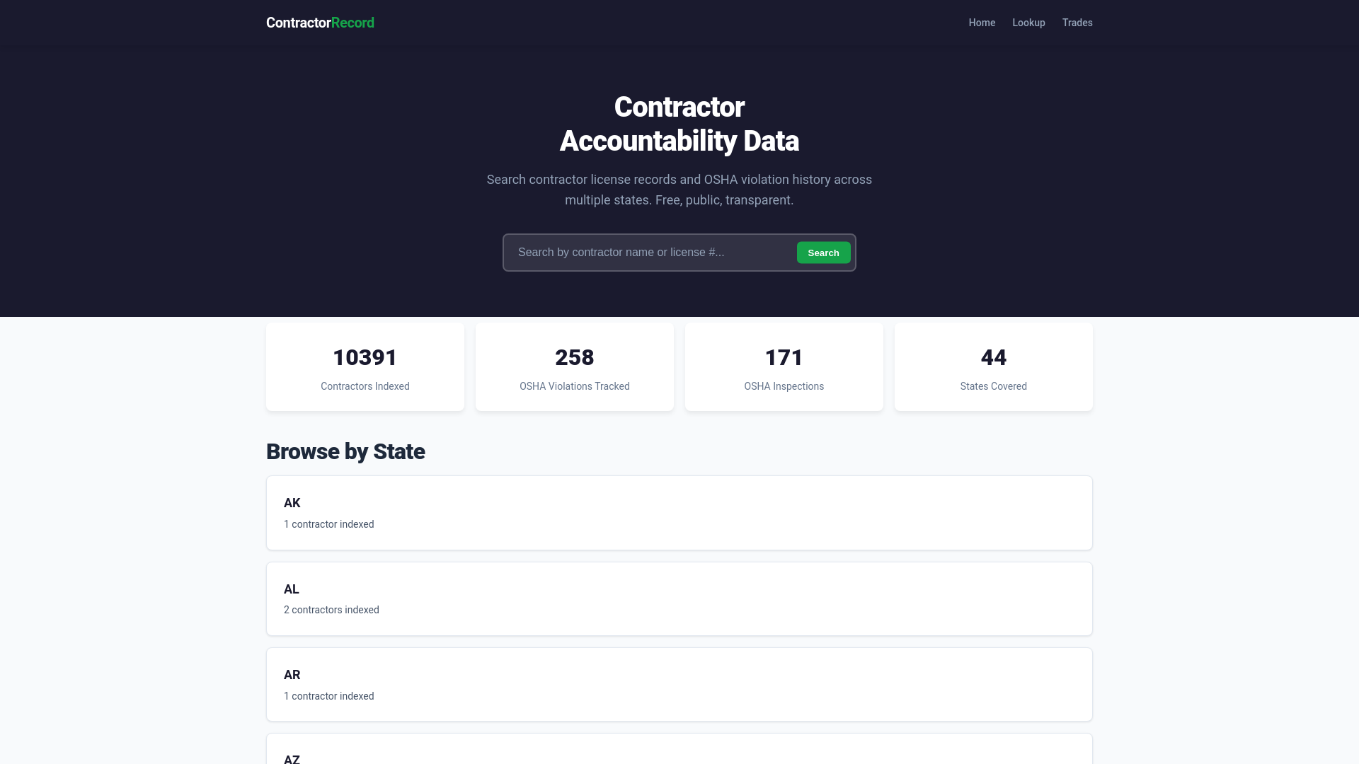 website screenshot of https://contractorrecord.pages.dev/
