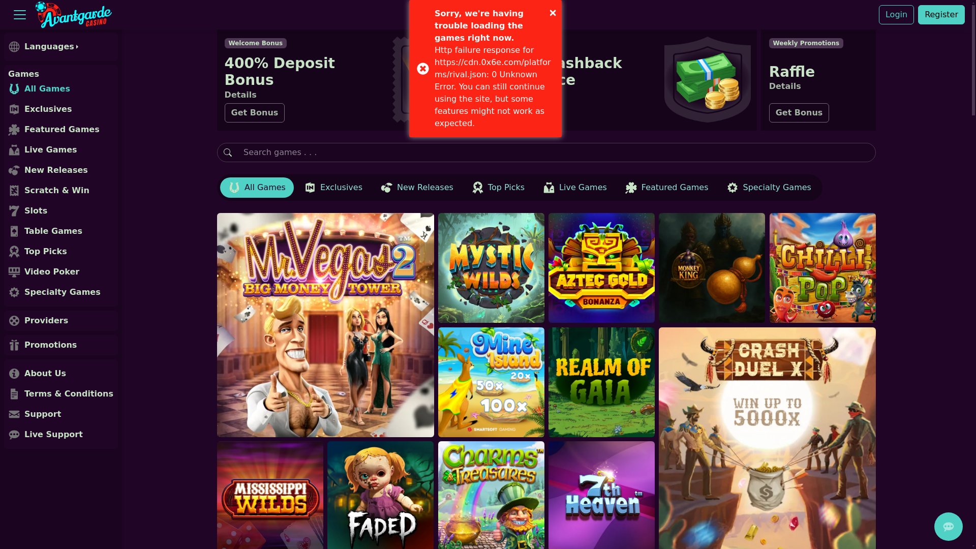 website screenshot of https://avantgardcasino.live/