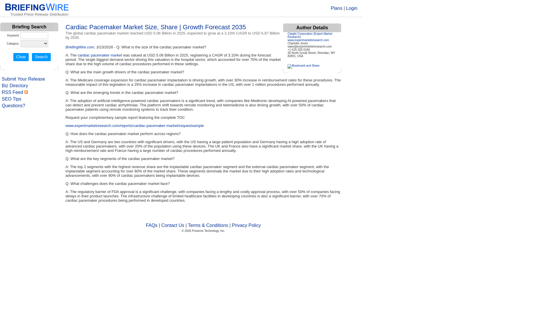 website screenshot of https://www.briefingwire.com/pr/cardiac-pacemaker-market-size-share-growth-forecast-2035