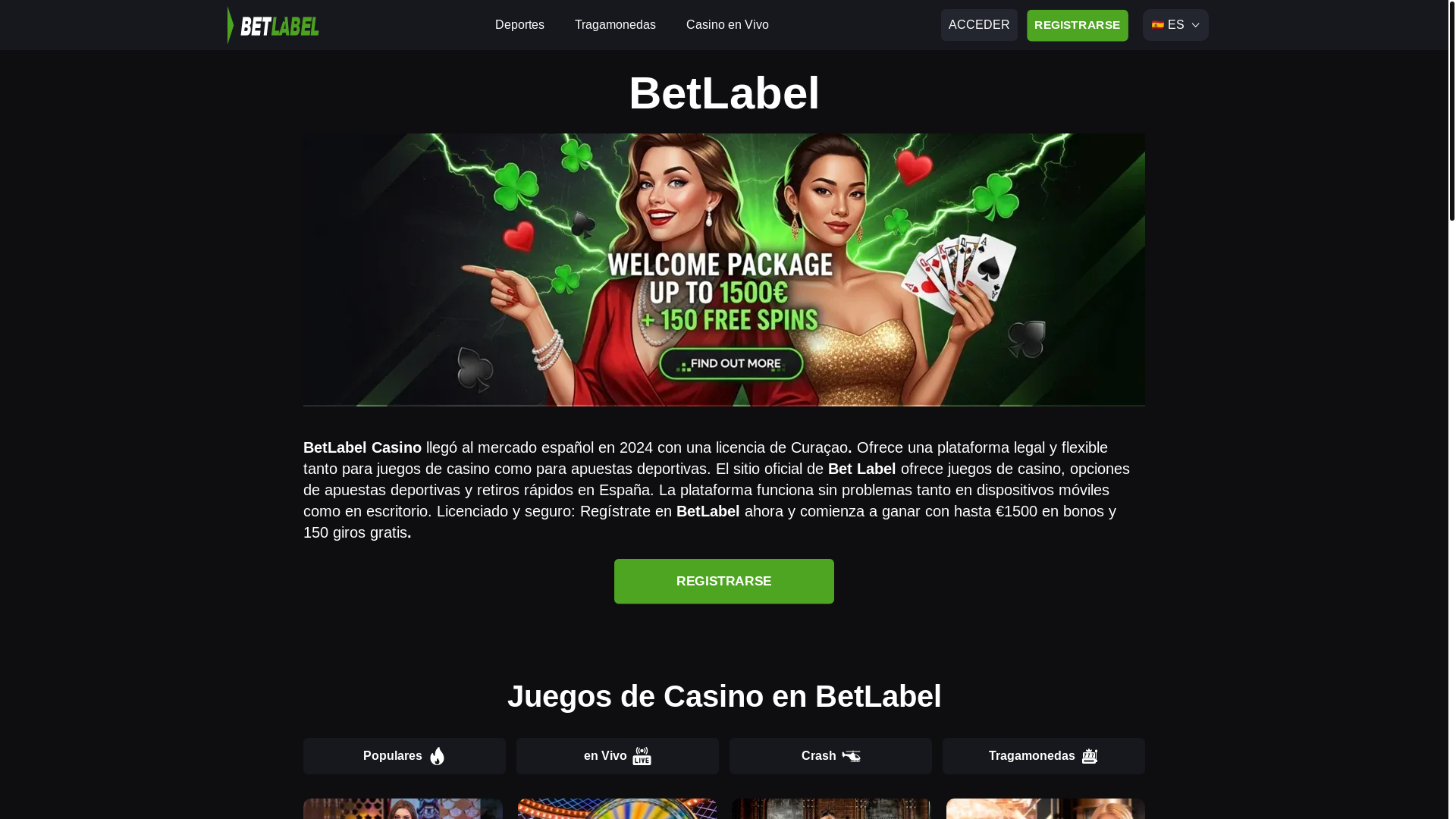 website screenshot of https://betlabelcasino.es/