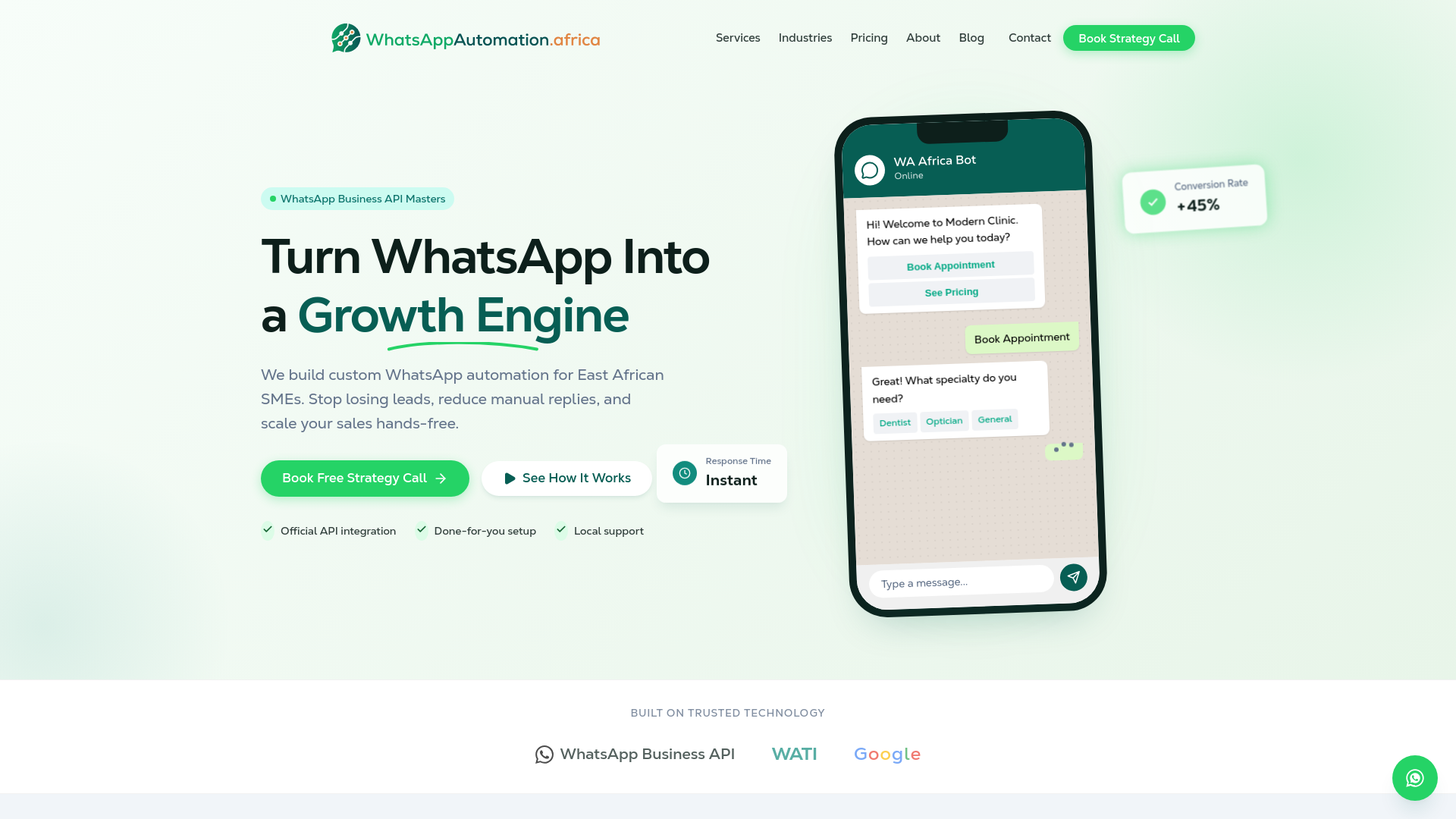 website screenshot of https://whatsappautomation.africa