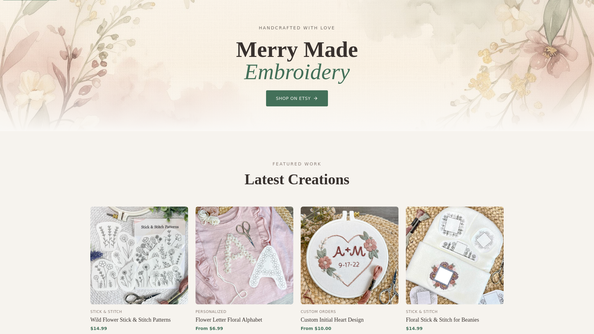 website screenshot of https://merrymadeembroidery.com/